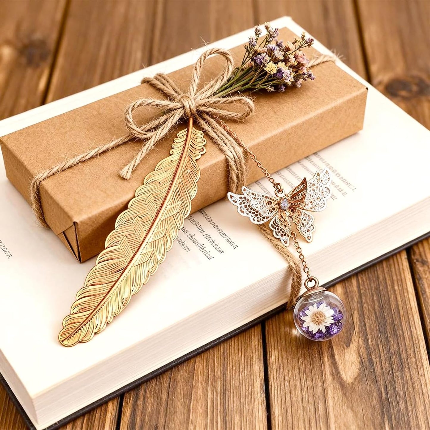 Metal Feather Bookmark with Butterfly Charm – Christmas Gifts for Women, Teachers & Book Lovers – Stocking Stuffers, Secret Santa, Birthday & Holiday Gift Box