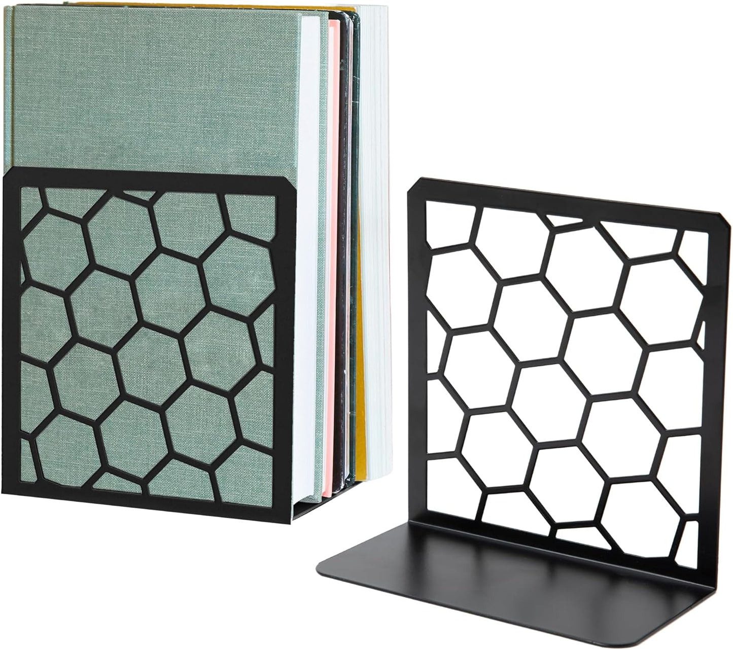 GEOMOD Geometric Honeycomb Black Metal Bookends Decorative - Tall Sturdy Book Ends for Shelves - Modern Heavy Duty Bookend Stopper - Office or Home Book Shelf Book Holder - 6x3.25x6.25 Inches - 1 Pair