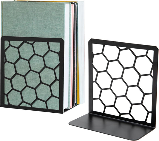 GEOMOD Geometric Honeycomb Black Metal Bookends Decorative - Tall Sturdy Book Ends for Shelves - Modern Heavy Duty Bookend Stopper - Office or Home Book Shelf Book Holder - 6x3.25x6.25 Inches - 1 Pair