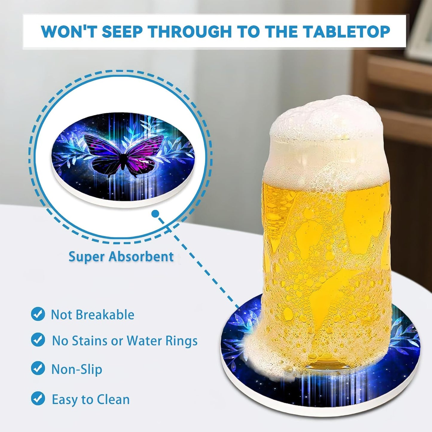 Drinks Coasters Set of 4, Magic Butterfly Round 4" Cup Coasters, Absorbent Ceramic Stone Coasters with Cork Base, Cute Coasters for Table Home Décor, Ideal Gifts for Women Men