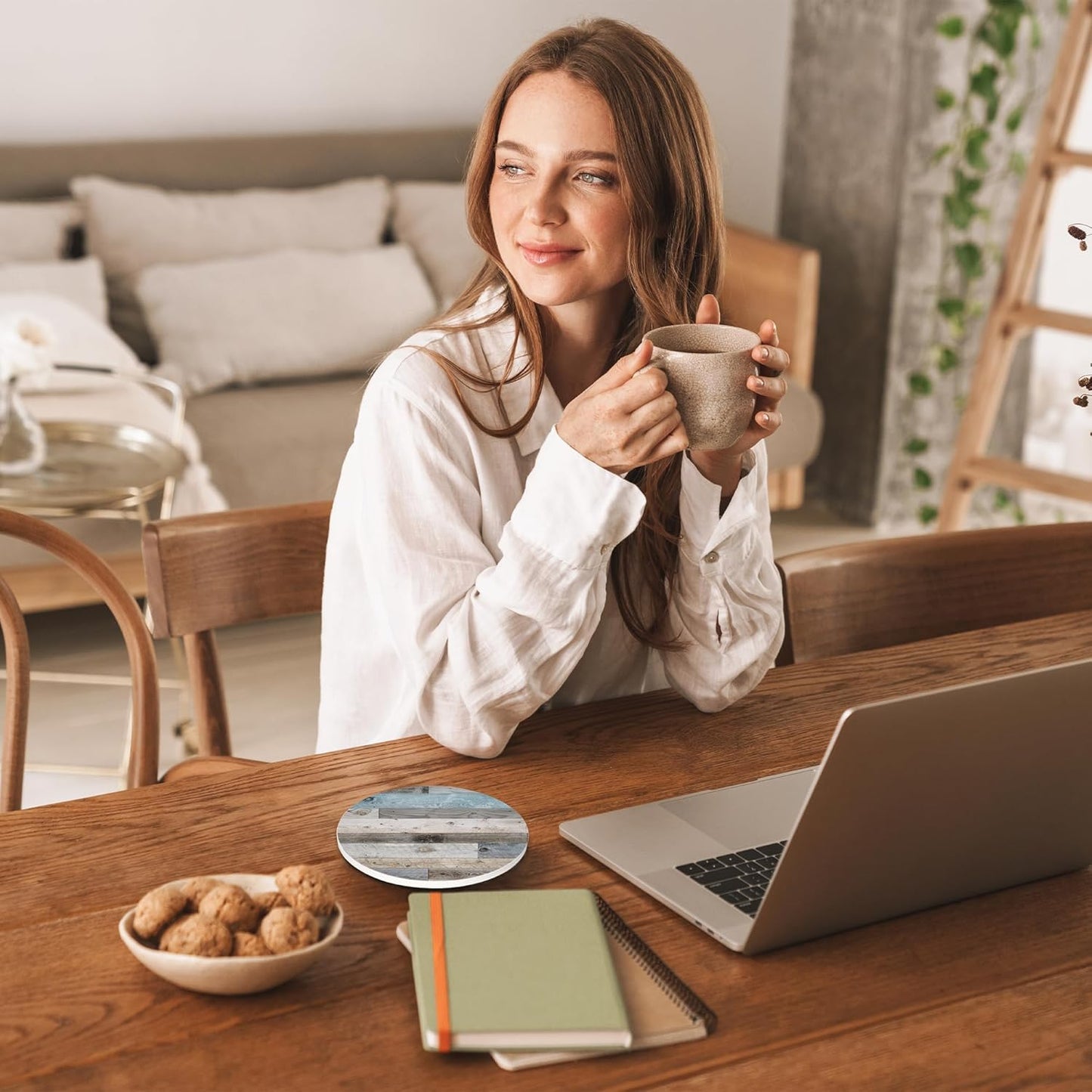 Drinks Coasters Set of 4, Woodboard Round 4" Cup Coasters, Absorbent Ceramic Stone Coasters with Cork Base, Cute Coasters for Table Home Décor, Ideal Gifts for Women Men