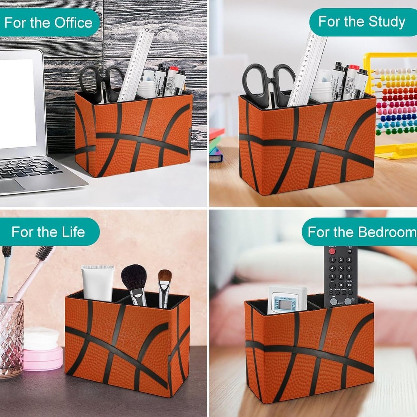 Pen Holder, Pencil Holder for Desk Organizer, Sport Ball Basketball PU Leather Pencil Cups Desktop Stationery Storage Makeup Brush Holder Pen Organizer for Office Home