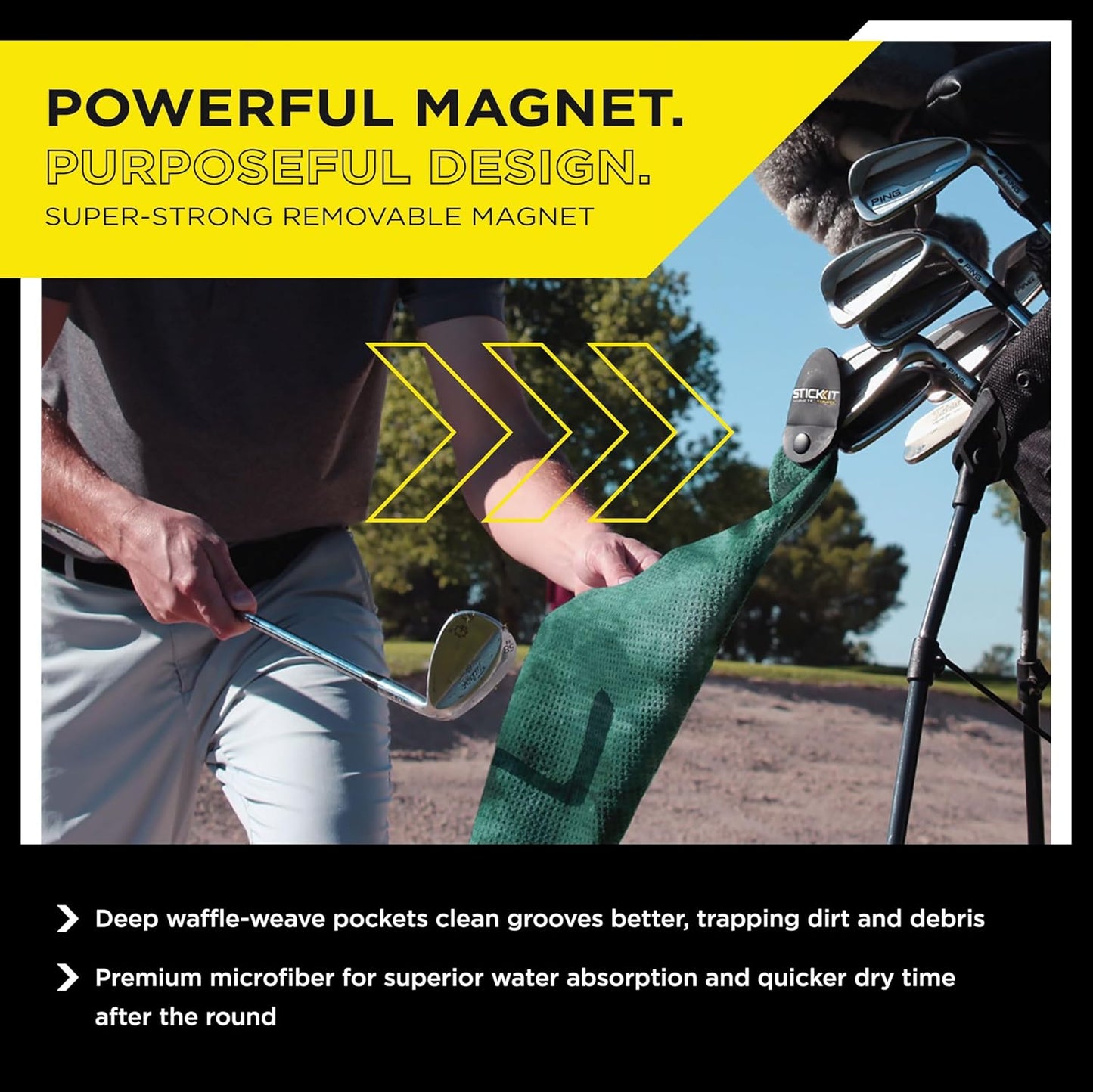 STICKIT Magnetic Golf Towel, Premium 29" Microfiber with Deep Waffle Pockets, Industrial Strength Magnet for Secure Hold to Golf Carts & Clubs, Ultra-Absorbent, Fast-Drying, Easy-Clean
