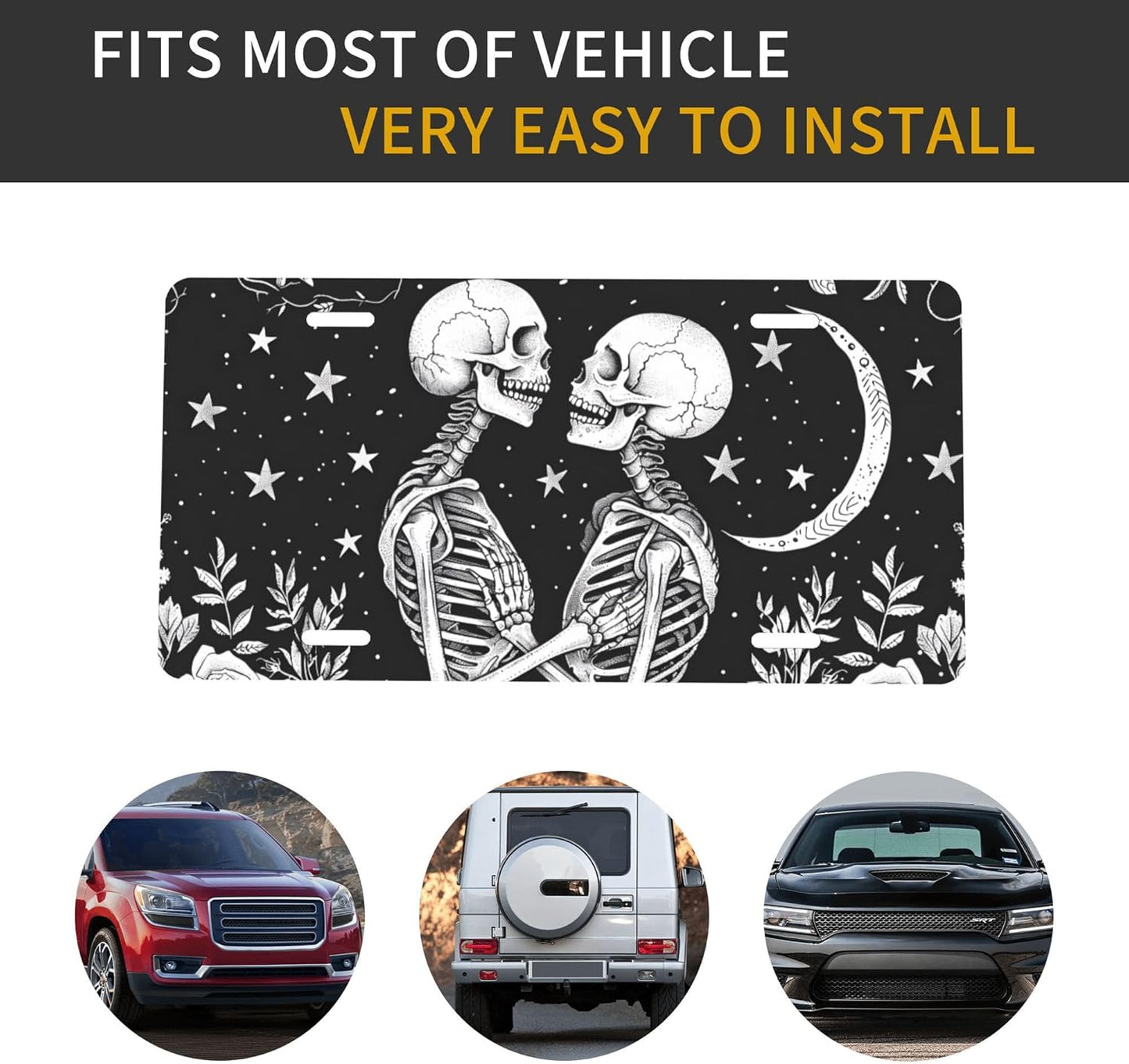 Front License Plate for Car Designs White Skull Flower Galaxy Stainless License Plate Cover Holder for Men Women Metal Aluminum Decorative Accessory Vanity Tag Standard 6 X 12 Inch (4 Holes)