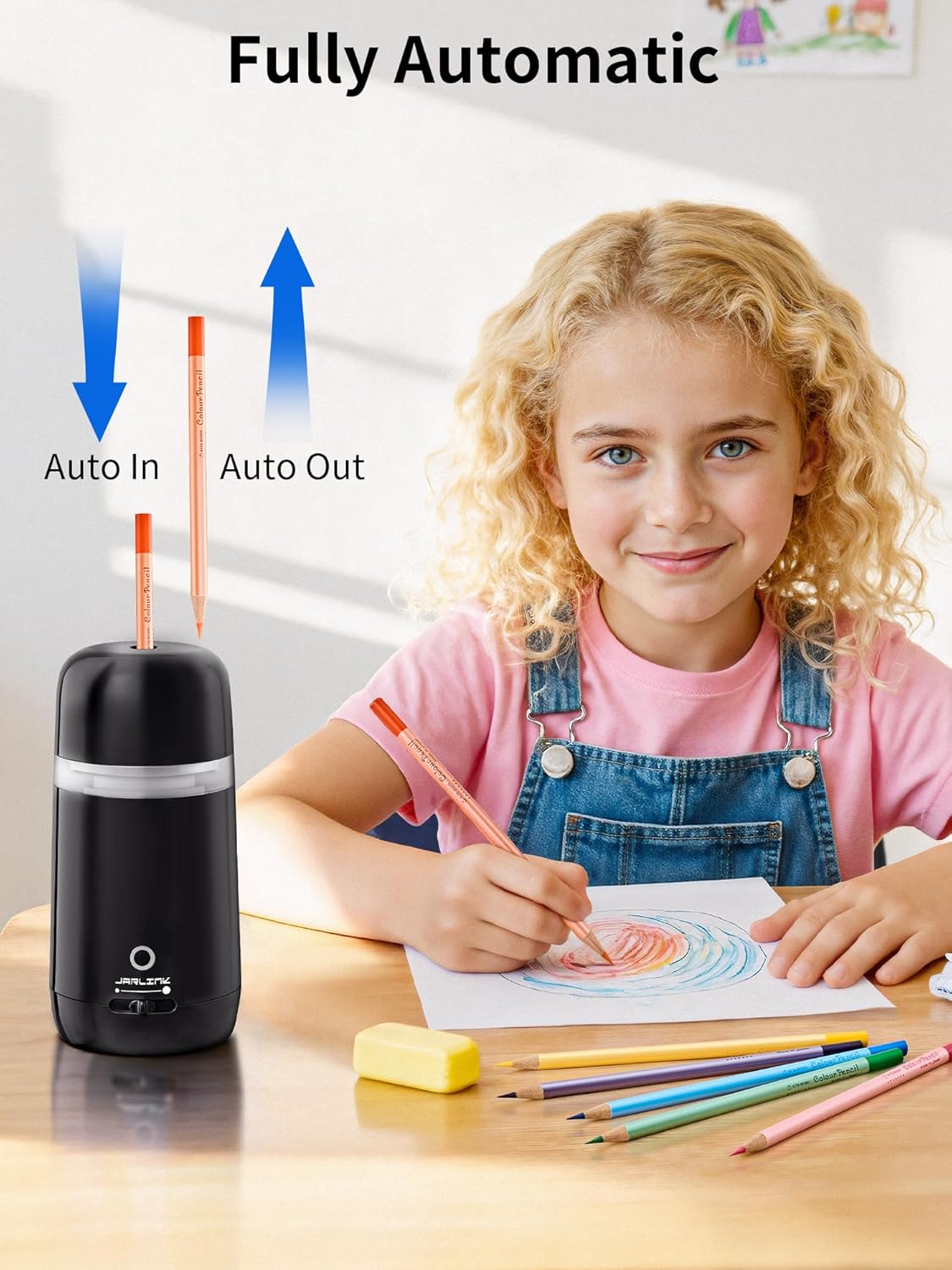 JARLINK Automatic Electric Pencil Sharpener - Hands-Free Operation, 3 Sharpness Modes, 3-Second Sharpening, Rechargeable & Portable for 7-12mm Pencils, Ideal for Classroom and Home Use (Black)