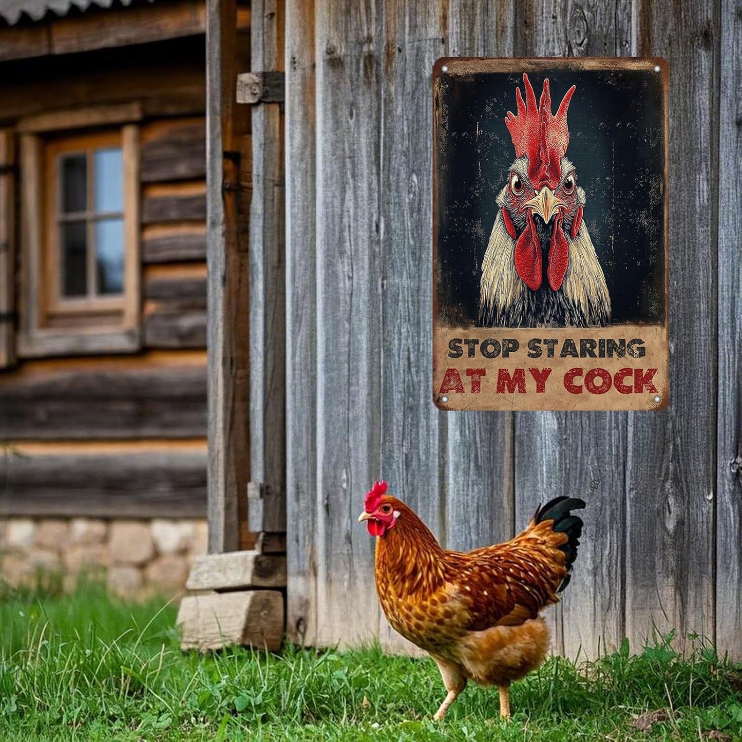 Vintage Farm Sign Chicken Stop Staring At My Cock Farmhouse Metal Tin Sign 12x8 Inch Home Wall Decor