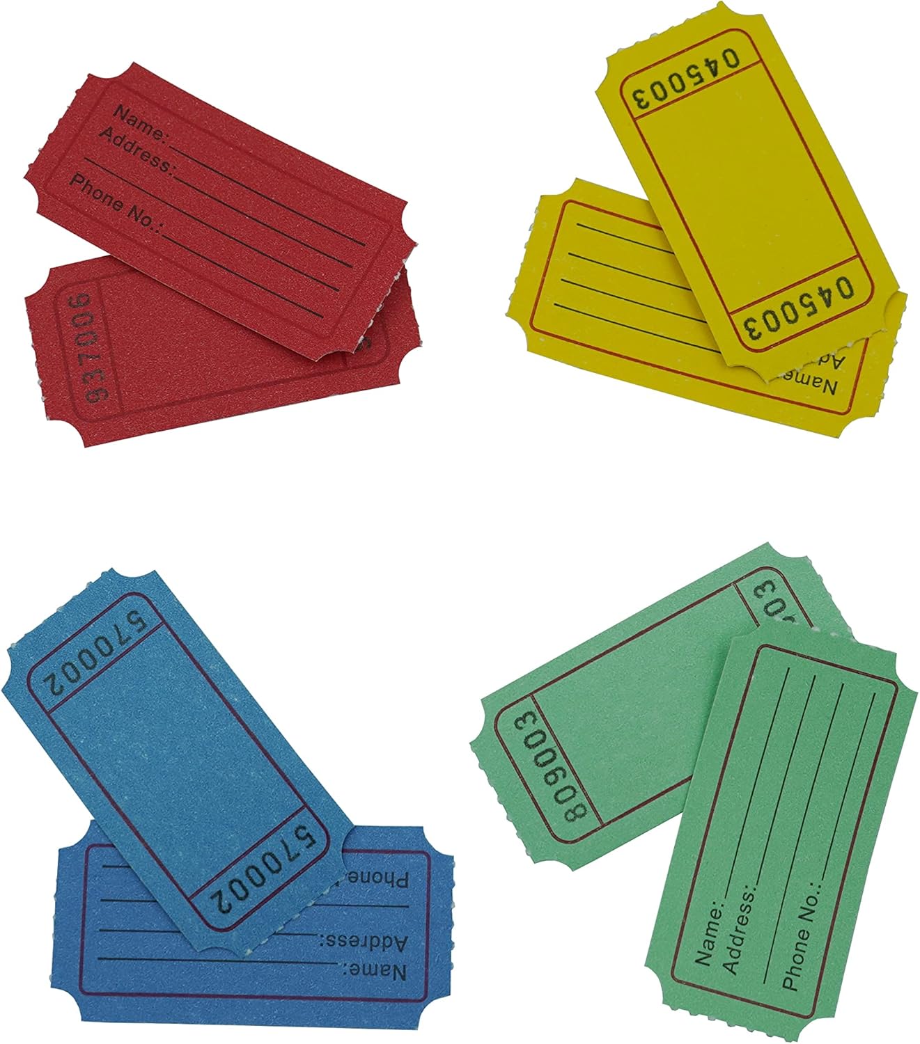 DNB 8000 Pcs Raffle Tickets - 4 Color Set of 2000 Pcs 2 x 1 Inch Single Roll Consecutively Numbered Blank Tickets - Blue/Yellow/Red/Green