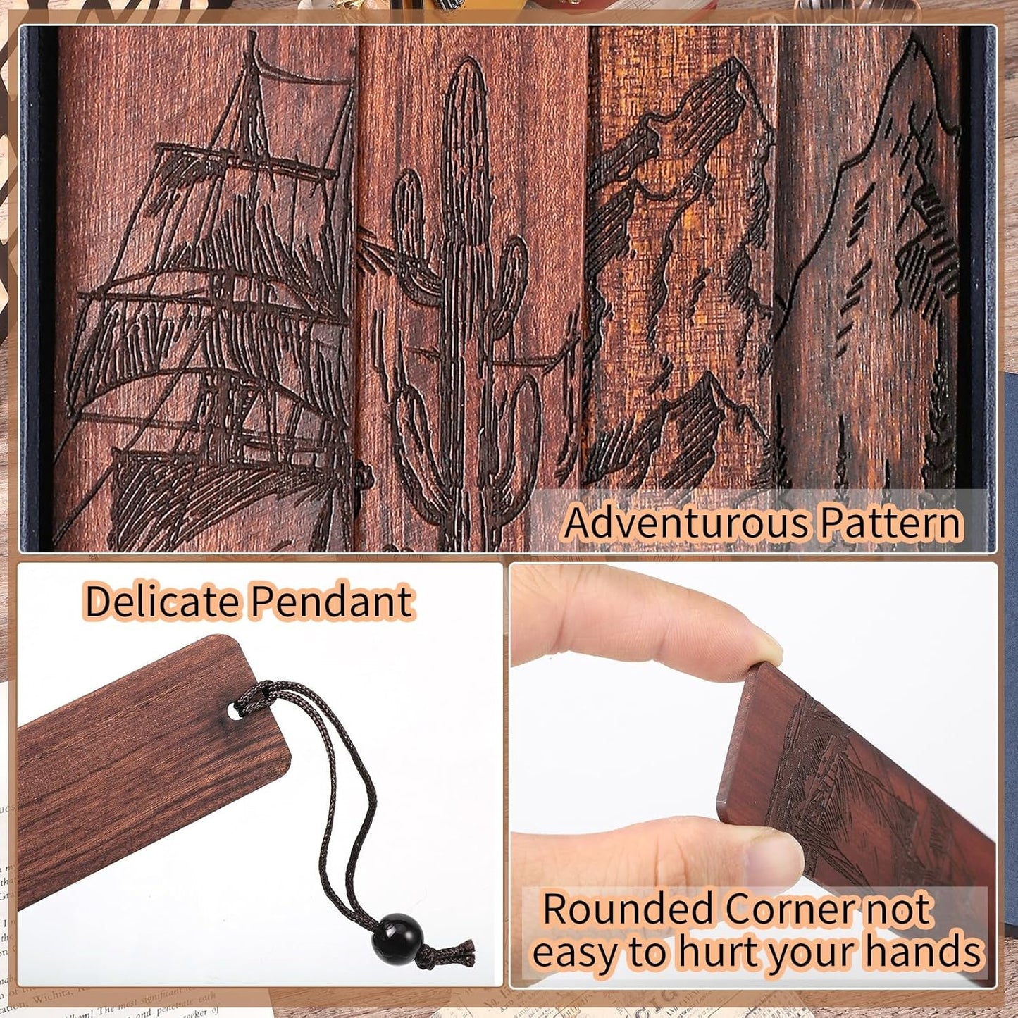 4Pcs Wood Bookmark for Men,Adventure Wooden Carving Book Mark Vintage Bookmark Christmas Gift for Men Book Lovers Birthday Present Students Teachers Appreciation