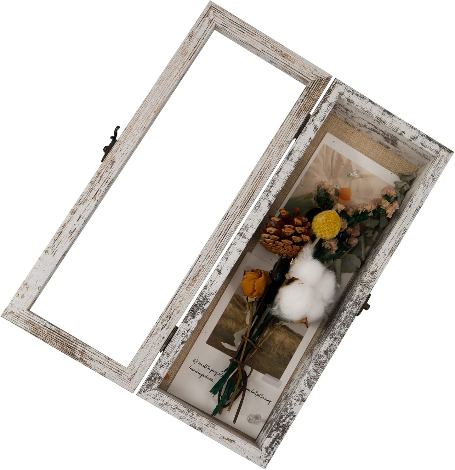 GraduatePro Shadow Box Frame 5x12.5 Display Case with Linen Back, Real Glass Window Door with Hinge, Picture Frame Wedding Bouquet Memorabilia Medals Photos Memory Box for Keepsakes, Rustic White