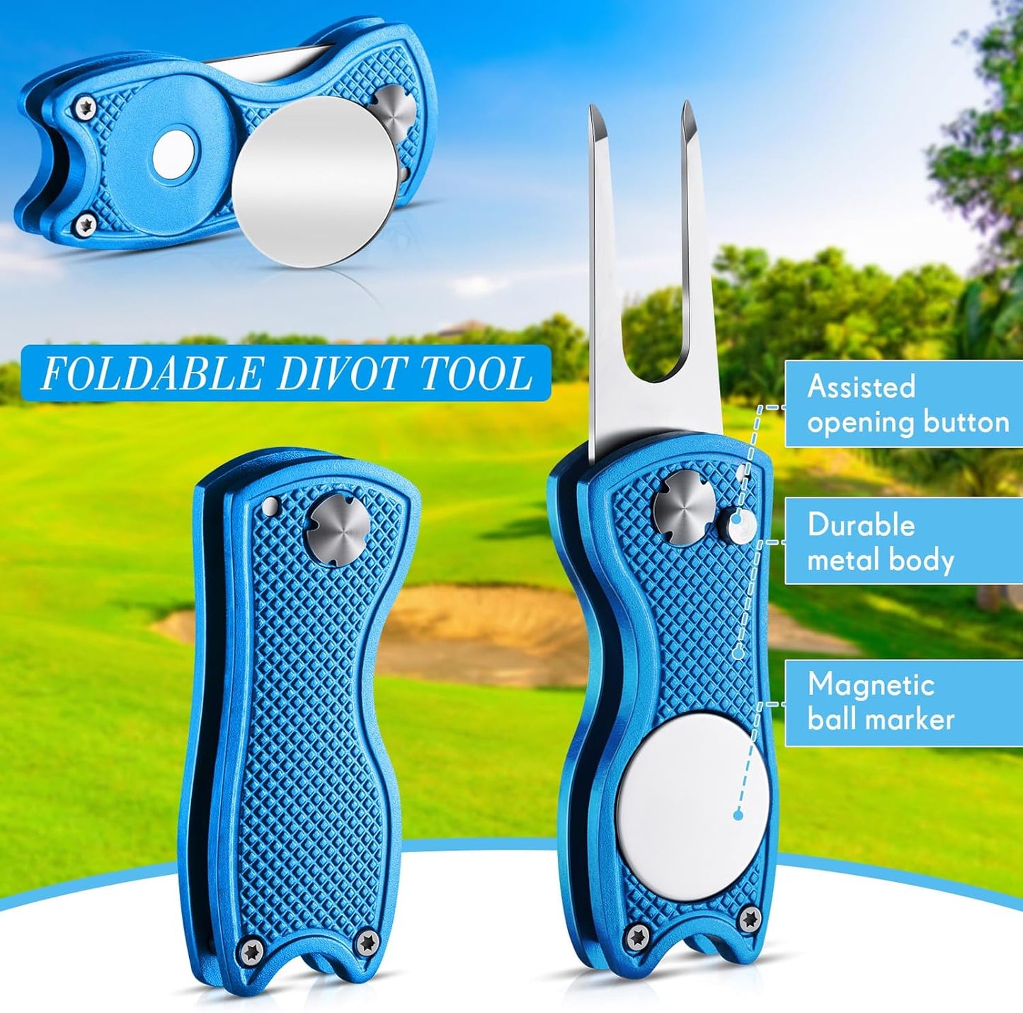 Poen 12 Pcs Golf Divot Tool Golf Repair Tool with Magnetic Ball Marker and Popping Button Metal Foldable Switchblade Repair Fixer for Golfers Prizes