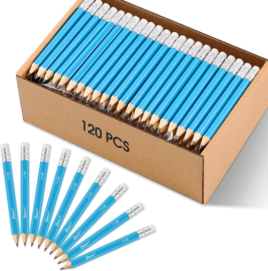 ZWlOT Golf Pencils with Eraser, #2 HB Half,4" Mini,Pre-Sharpened,120/200/320 Count Pencils Wood Cased Short for Classroom, Office, School, Wedding and Party Game (Blue,Mini, 120)
