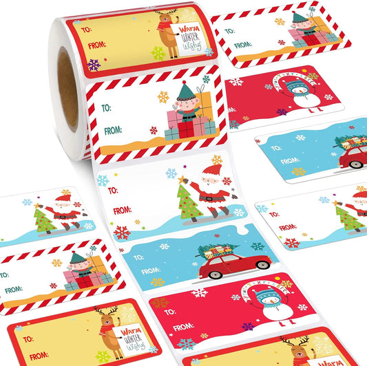 Outus 500 Pieces Christmas Tags Self Adhesive Gift Tags for Xmas Presents Christmas Name Labels Stickers for Wrapping Paper Festival Birthday Holiday Decor(Cartoon Style,2.95 x 1.6 Inch)