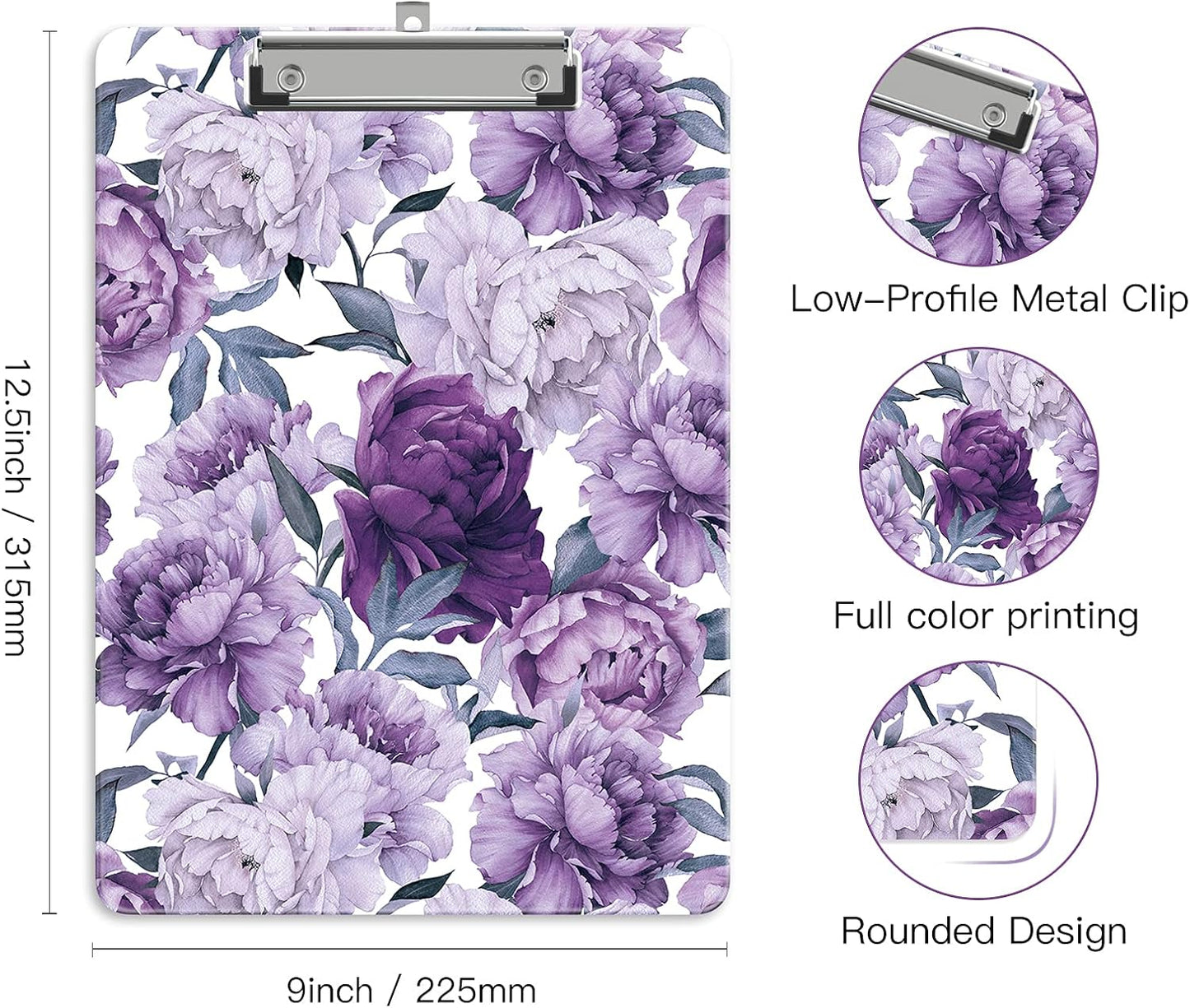 Plastic A4 Clipboards, Cute Clip Board Stardard Letter Size 9 x 12.5 in, Office Decorative for Students Women Men and Kids, Purple Flower