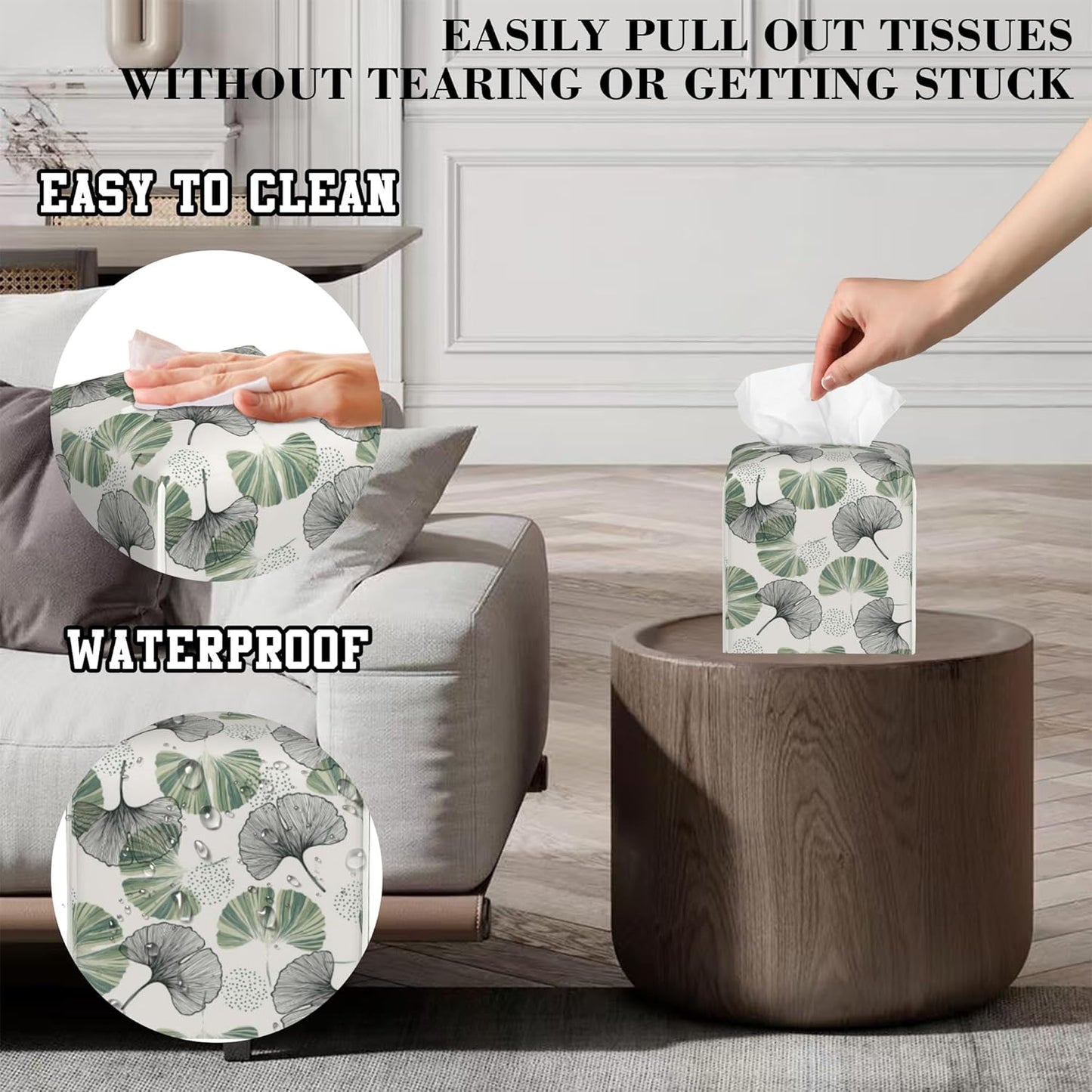 Gingko Leaf Tissue Box Cover Square, Green Leaves Tissue Box Holder Leather Facial Paper Case Decorative Organizer Holder Dispenser Home Office Car Decor