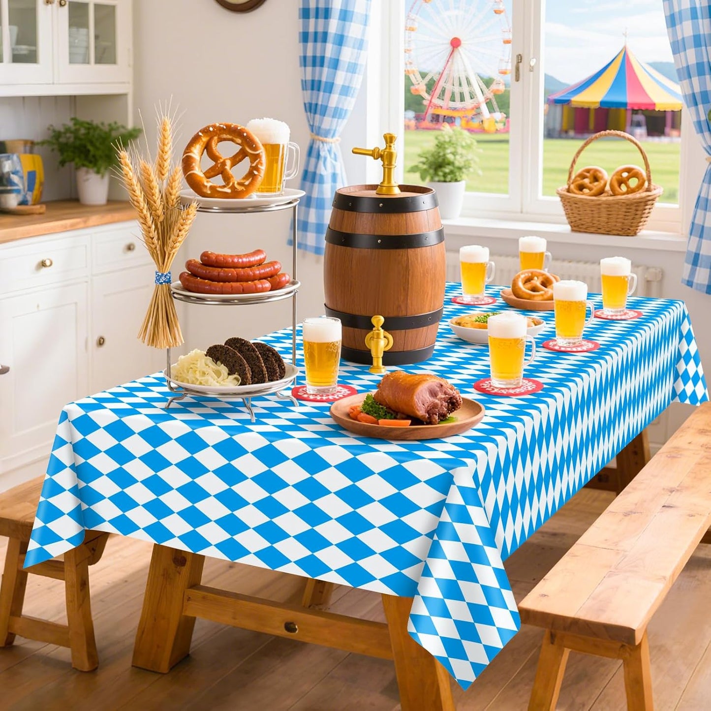 QIKSION Oktoberfest Tablecloth 2 Pack, 54 x 108 Inch Plastic Table Cloth Disposable, Oktoberfest Decorations Party Supplies