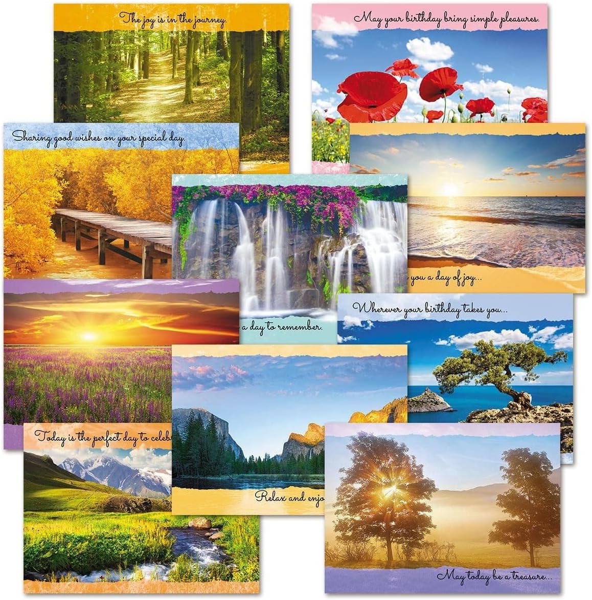 Current Scenic Inspirations Happy Birthday Greeting Card Set - Value Pack of 20 Cards With White Envelopes, 10 Designs, Large 5" x 7" Assortment