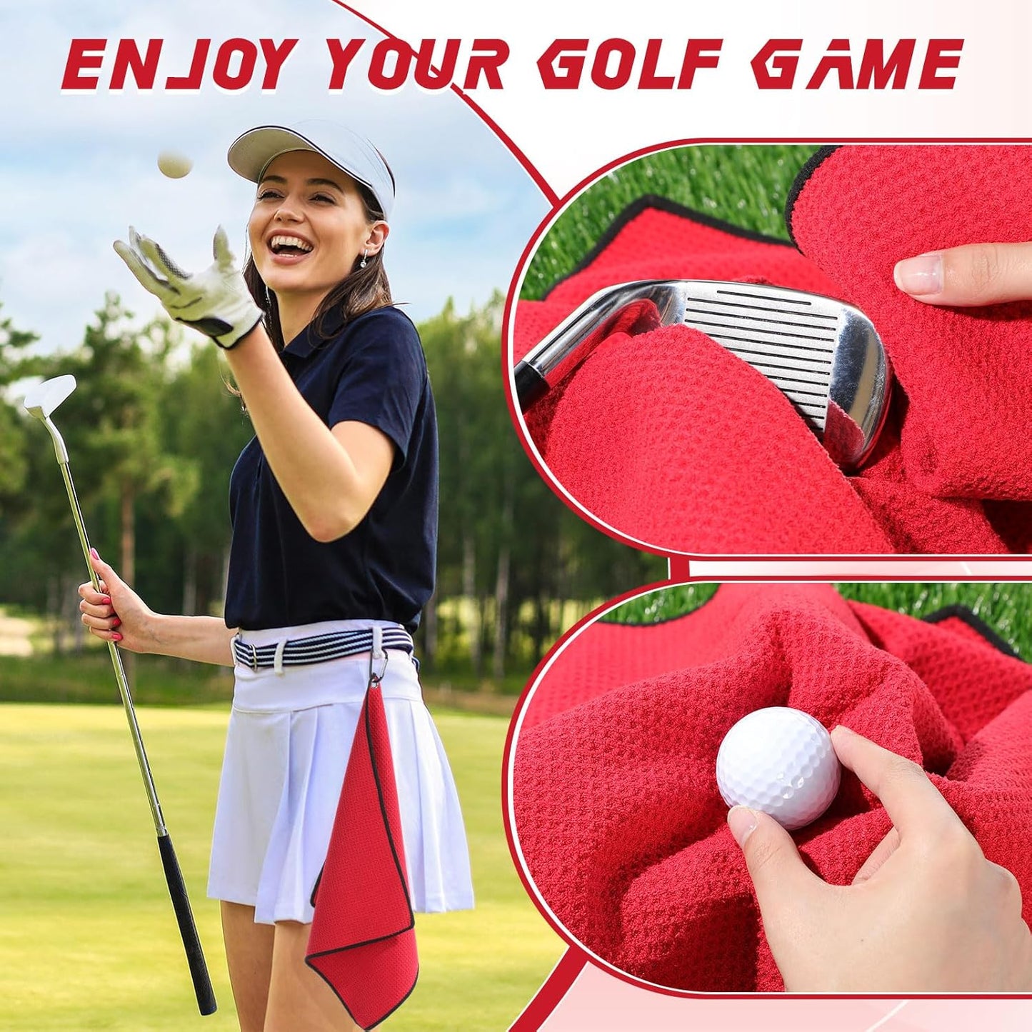 Batiyeer 30 Pcs Golf Towels Bulk for Bags 16'' x 16'' Microfiber Fabric Golf Towel with Clip Waffle Pattern for Men Mini Tournament Fitness Yoga Camping (Red)