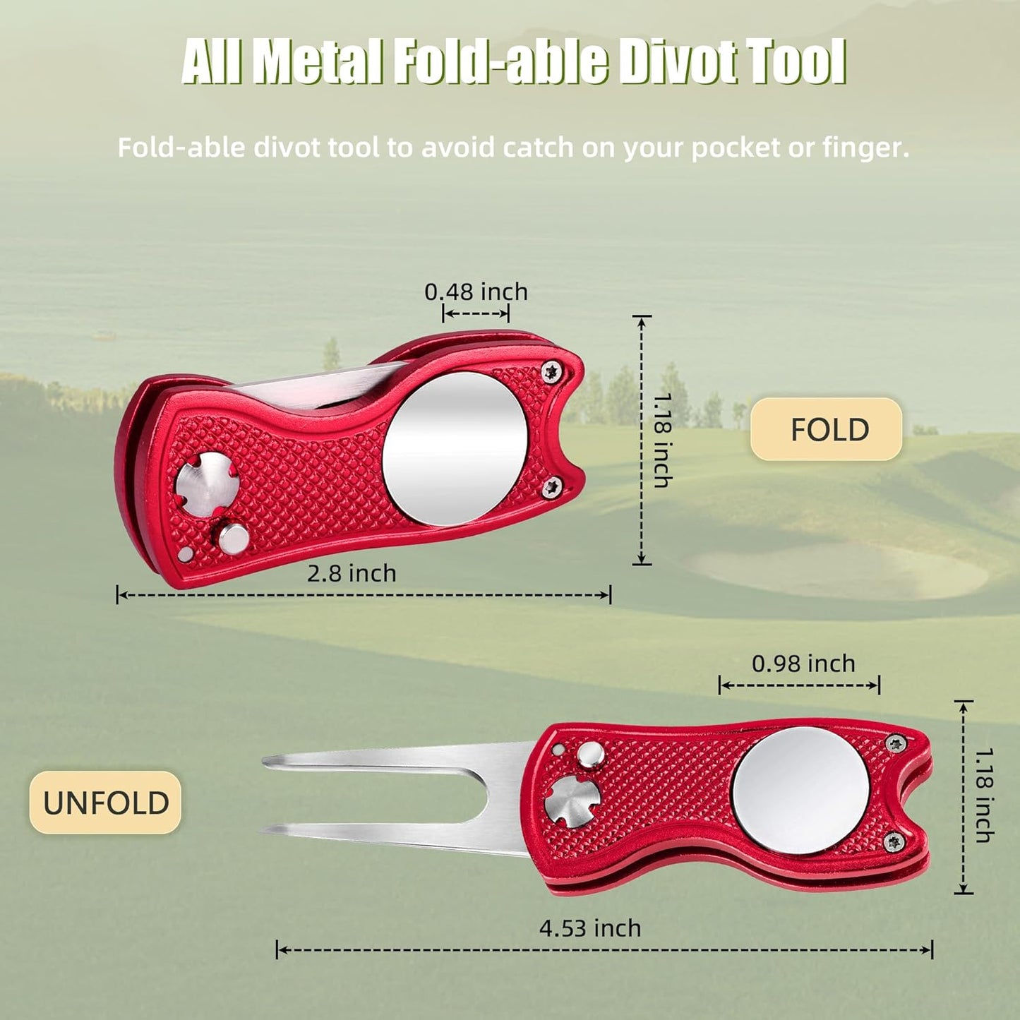 Mile High Life Golf Divot Repair Tool, All Metal Foldable Divot Tool with Pop-up Button & Magnetic Ball Marker, 2-6 Pack