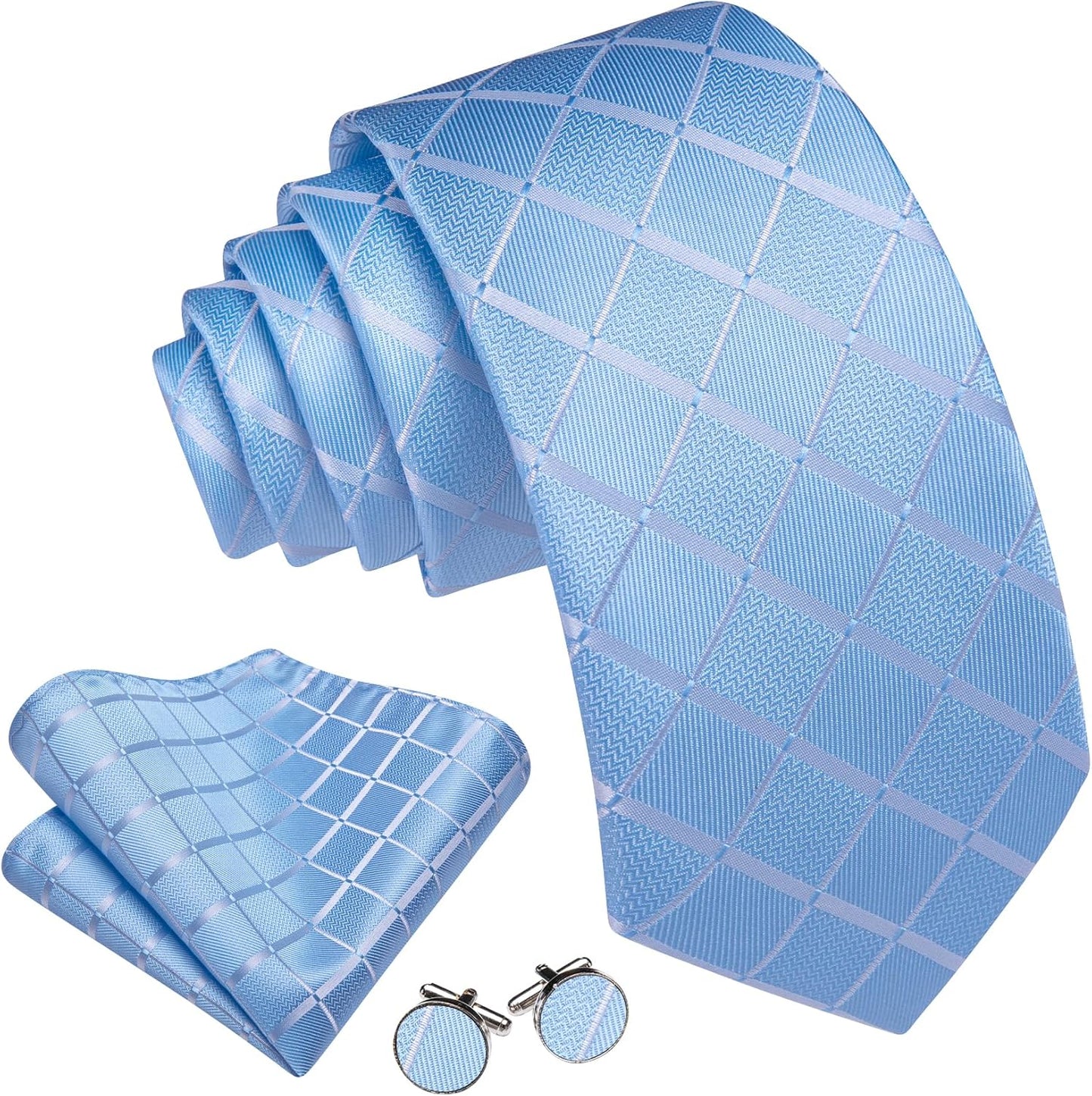 Barry.Wang Designer Classic Ties for Men Set Formal Pocket Square Cufflink Check Plaid
