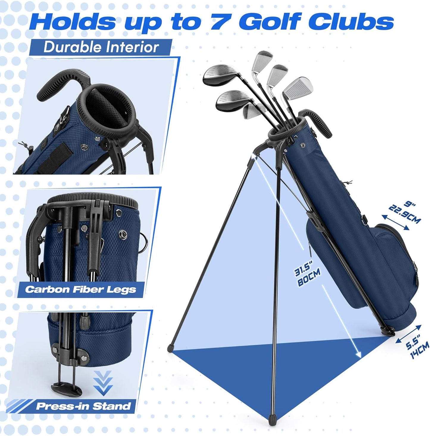 Golf Stand Bag Fit Up to 7 Clubs, Compact Design for Par 3 Courses and Driving Range, Lightweight Pitch and Putt Golf Bag, with Padded Double Strap, Rain Cover, Accessory Pockets