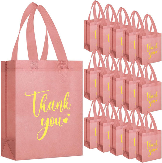 Sweetude 30 Pcs Thank You Gift Bags with Handles Bulk Reusable Goodie Bag Non Woven Foldable Handbag for Graduation Wedding Bridesmaid Gifts(10 x 8 x 4 Inch,Leather Pink)