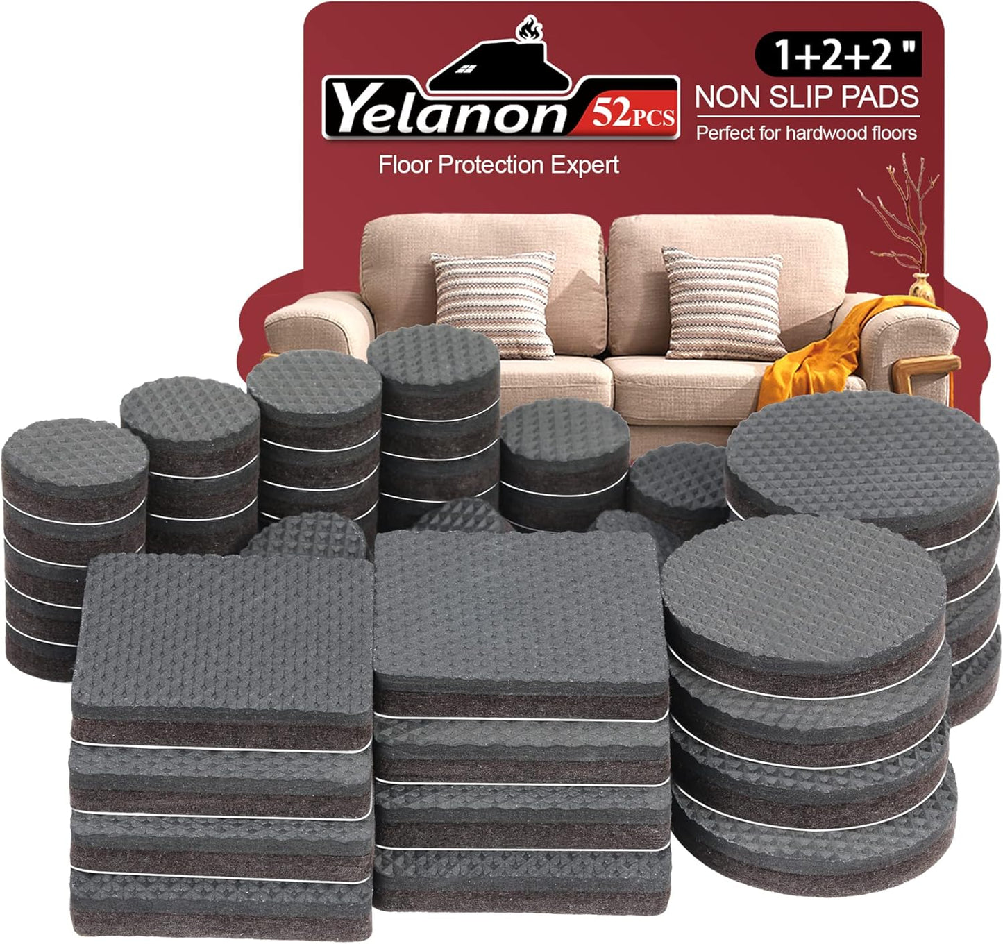 Yelanon Non Slip Furniture Pads - 52pcs Self-Adhesive Rubber Grippers, (1+2+2) Inch Thick Floor Protectors for Hardwood, Tile, Laminate, Keep Furniture in Place, Scratch & Noise Free
