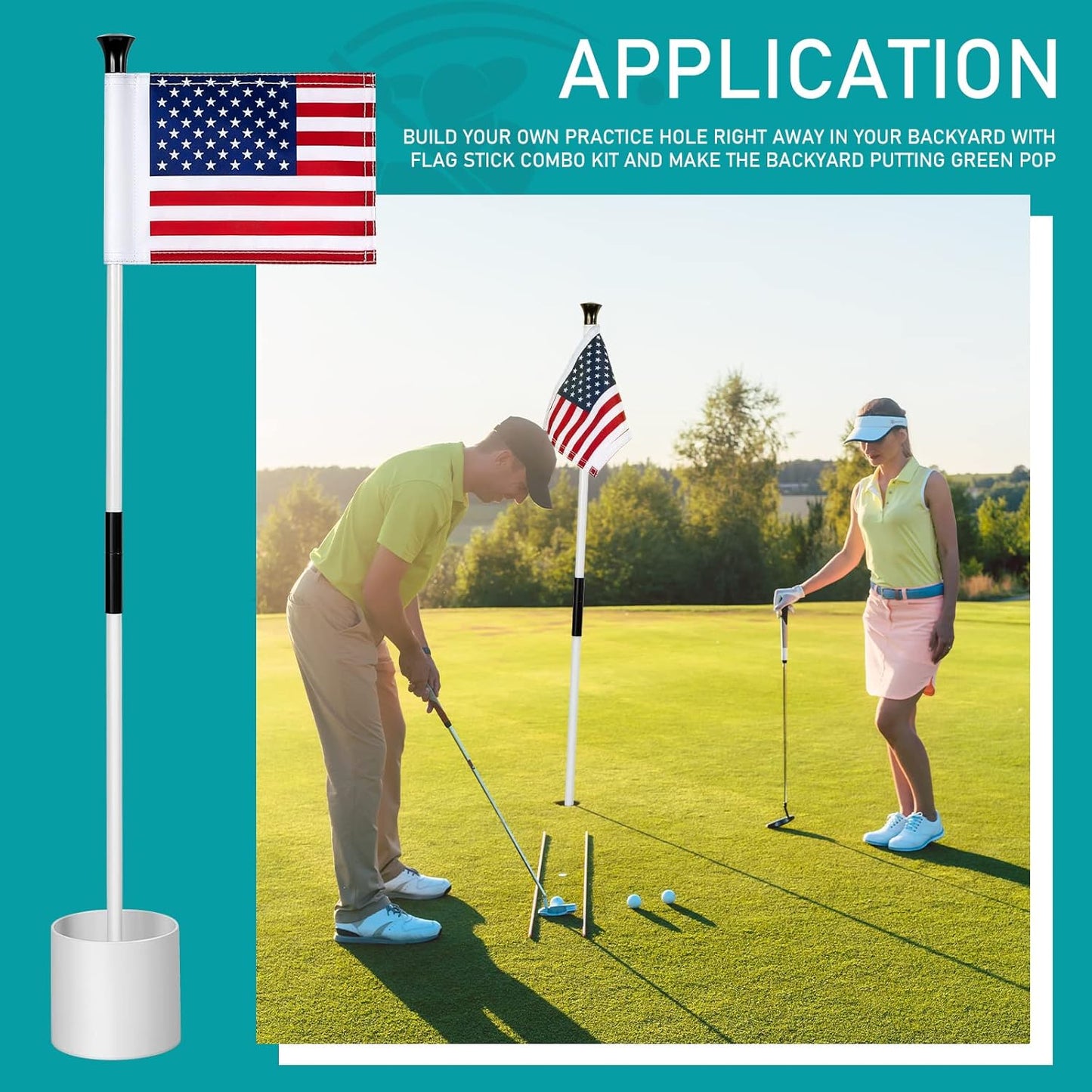 Deekin 6 Sets Golf Pin Flags Hole Cup Set Putting Green Flag for Yard Mini Practice Double Sided American Golf Flag Portable 2 Section Fiberglass USA Golf Flag, 6 x 8 Inches