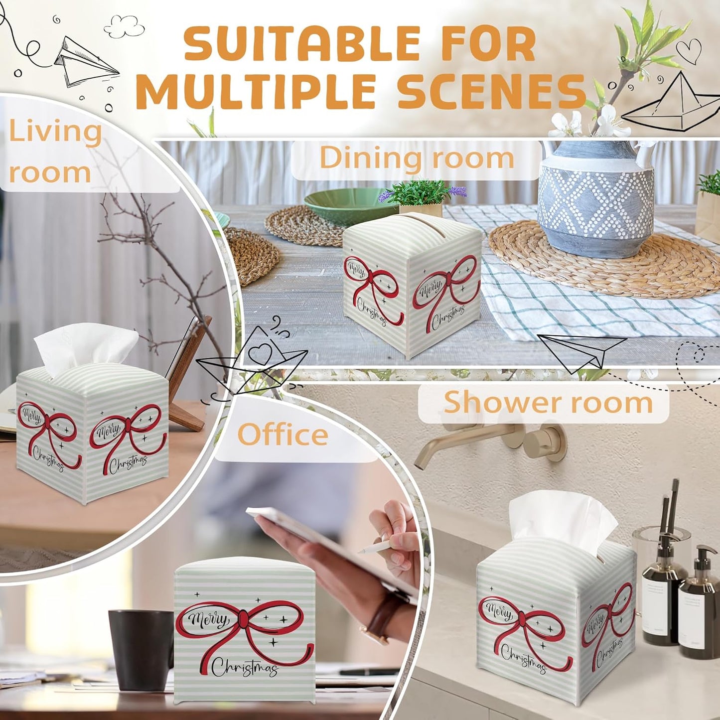 Merry Christmas Tissue Box Holder, Christmas Bow Leather Tissue Box Cover Square, Paper Facial Decorative Tissues Cover for Night Stands Bathroom Kitchen Office Home Decor-B25