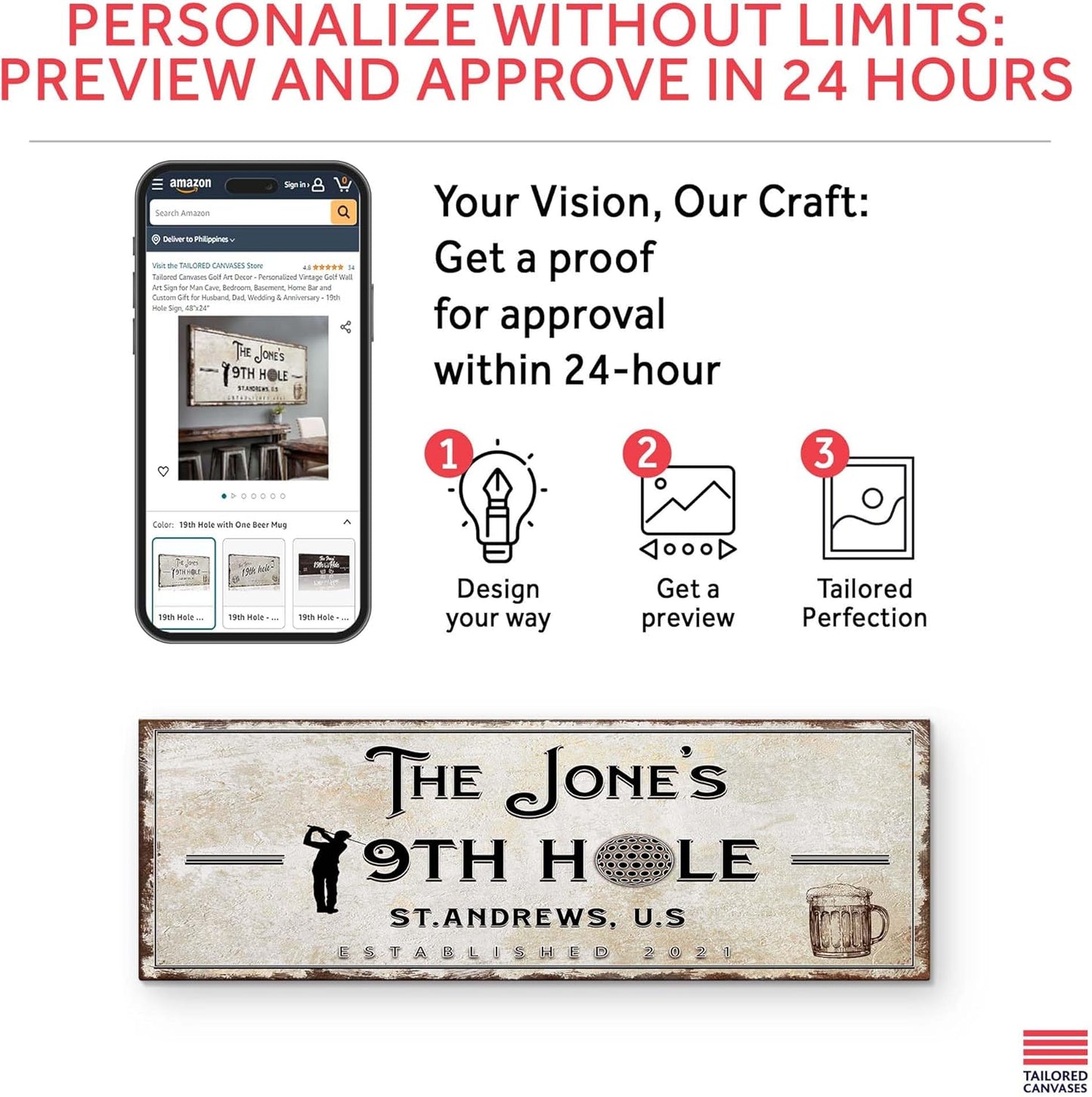 TAILORED CANVASES Golf Art Decor - Personalized Vintage Golf Wall Art Sign for Man Cave, Bedroom, Basement, Home Bar and Custom Gift for Husband, Dad, Wedding & Anniversary - 19th Hole Sign, 48"x16"