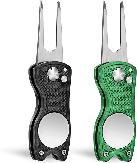Mile High Life Golf Divot Repair Tool, All Metal Foldable Divot Tool with Pop-up Button & Magnetic Ball Marker, 2-6 Pack