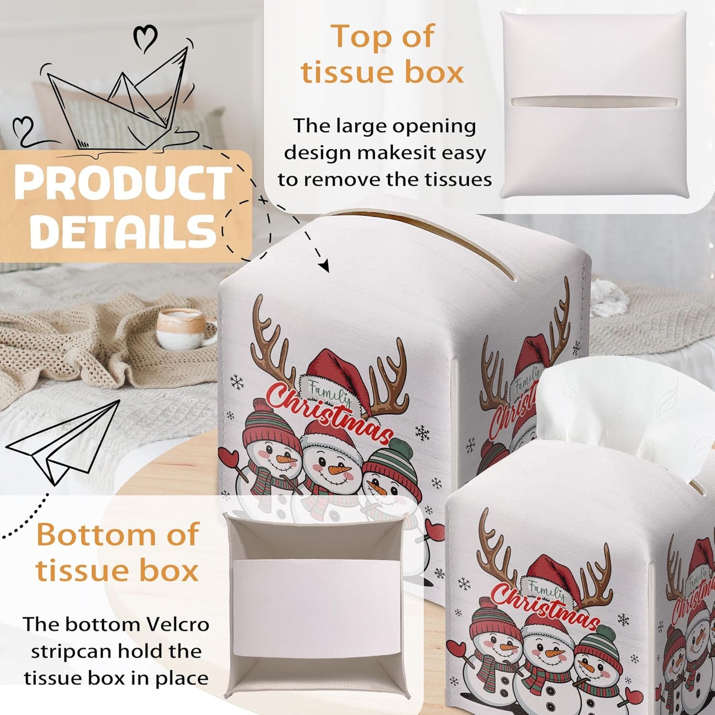 Christmas Snowman Tissue Box Holder, First Christmas as A Family of Three Leather Tissue Box Cover Square, Paper Facial Decorative Tissues Cover for Night Stands Bathroom Office Home Decor-B02