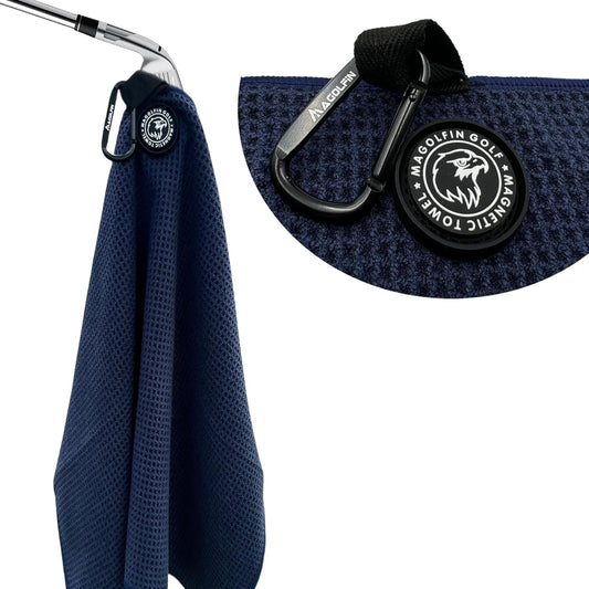 Magnetic Golf Towel with Clip, Microfiber Waffle Design - Industrial Strength Magnet for Strong Hold to Golf Bags, Carts & Clubs - Navy Blue