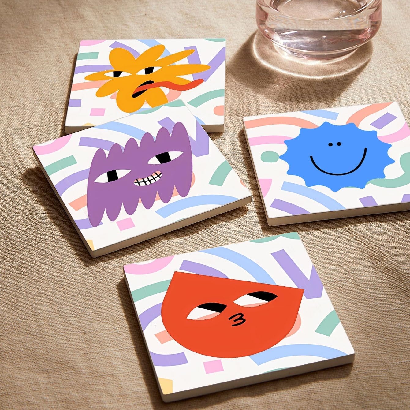 MAYCARI Cartoon Funny Grimace Face Coasters Set of 6 Cork Backed Cute Coasters with Metal Holder Original Ceramic Surface Drink Cup Mats for Tabletop Protection Modern Desk Decoration Birthday Gifts