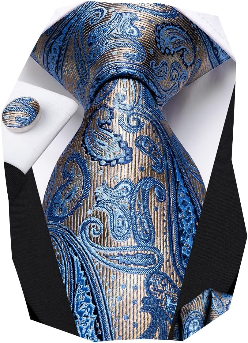 Hi-Tie Men 63inches Tie Set Extra Long Necktie Paisley Tie Pocket Suqare Cufflinks Big and Tall Men Tie
