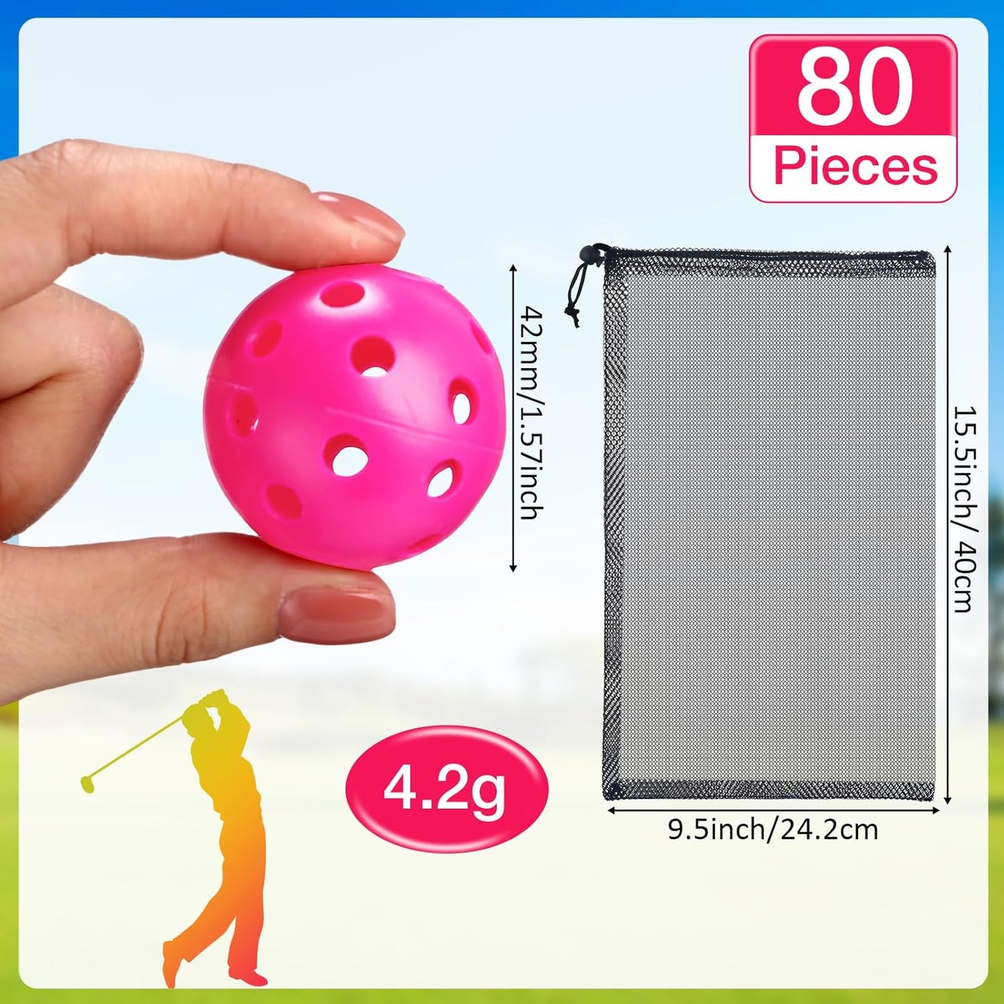 80 Pack Practice Golf Balls Limited Flight 42 mm Golf Training Airflow Hollow Plastic Ball for Women Men Indoor Outdoor Driving Range Swing Practice Home