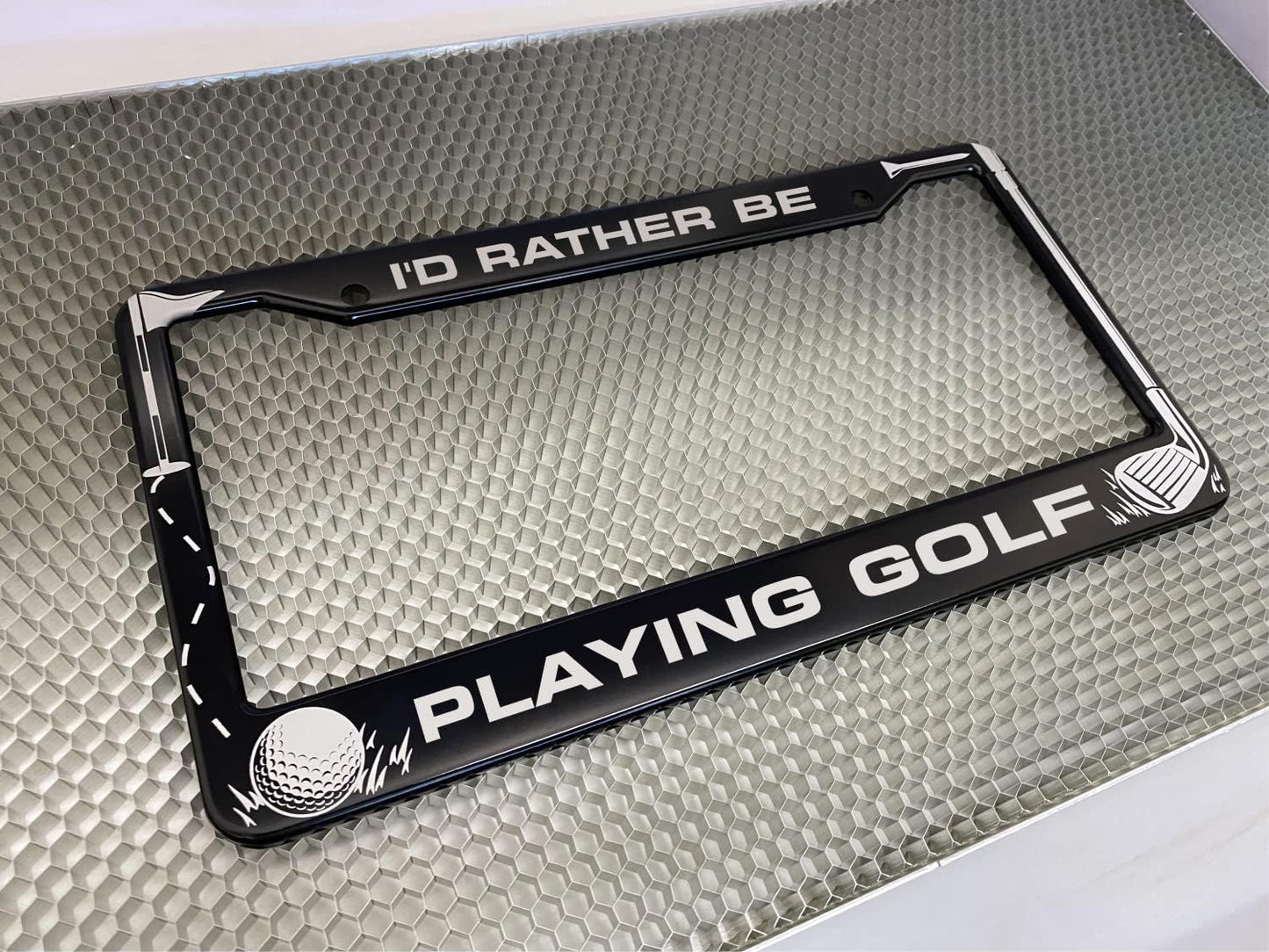 Golf Club and Ball Design with Your Custom Text | Laser Etched Anodized Aluminum Standard Size - CAR/Automobile License Plate Frame & Free caps - Black (Qty: 1 Frame)