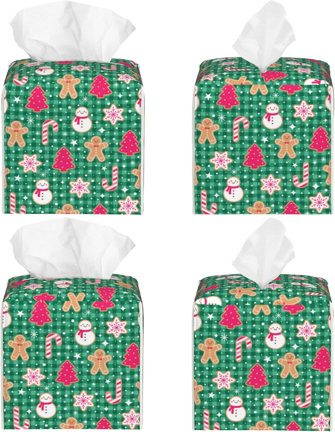 Christmas Gingerbread and Snowman Tissue Box Cover Square,Merry Christmas Snowflakes Candy Canes Tissue Box Holder Waterproof Leather Facial Paper Organizer for Car Bathroom Nightstand Vanity Desk