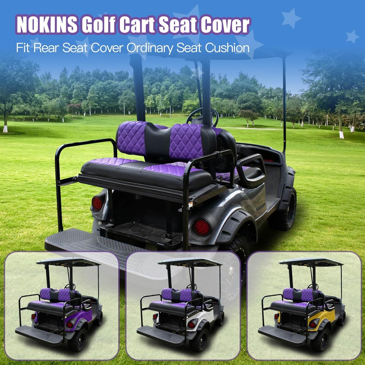 NOKINS Golf Cart Seat Covers Fit Club Car Precedent/DS/EZGO RXV/TXT/Yamaha Drive Aftermarket Standard Rear Seat Cushion, No Stapler, Multiple Colors&Breathable (Purple&Black)