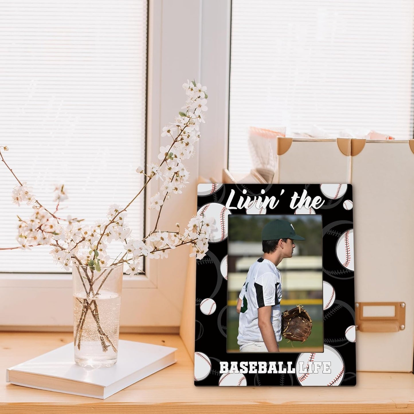 Baseball Picture Frame 5x7, Base Ball Lover Gifts Photo Frame, Base Ball Gifts for Men Boys BaseballPlayers, Livin'the Baseball Life Sport Wooden Picture Photo Frames for Desk Home Room Decor