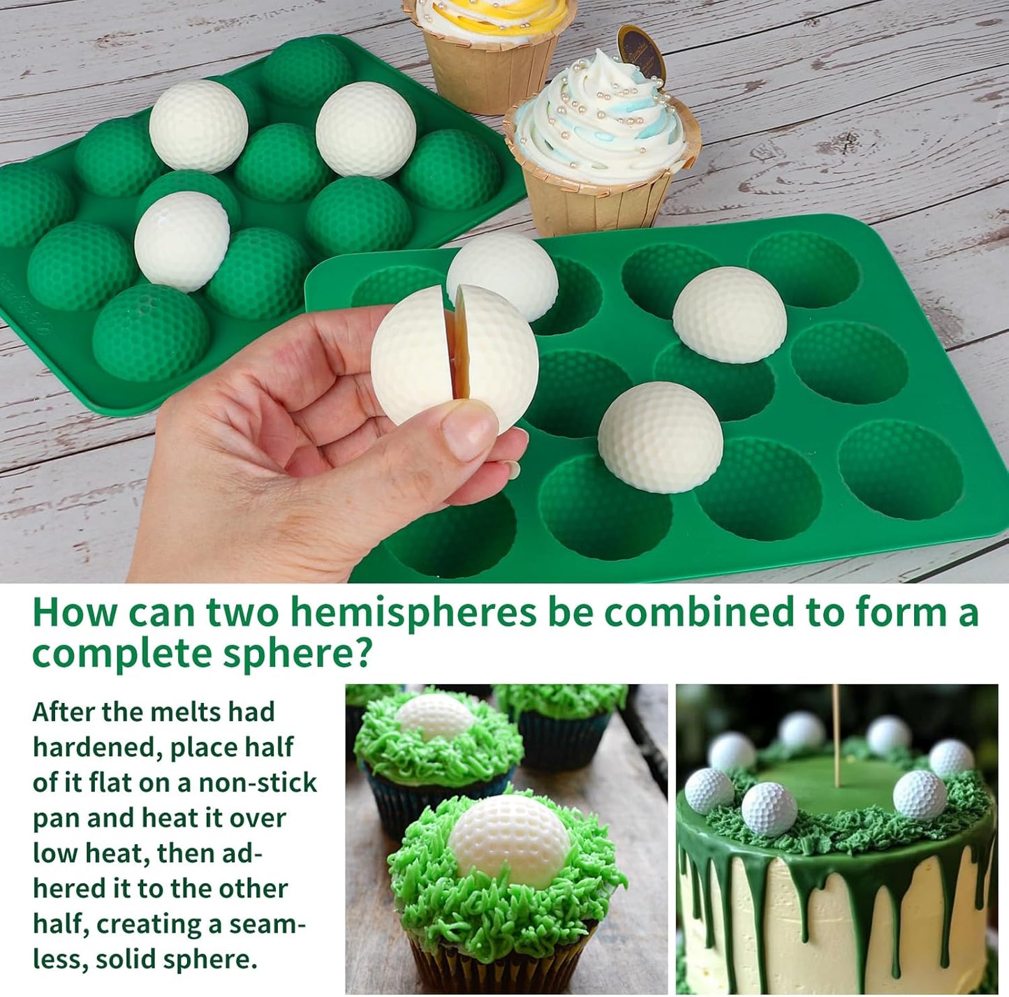 Golf Ball Cake Pop Mold, 2 Pack Golf Ball Chocolate Molds, 12-Cavity 3D Golf Ball Silicone Mold for Cupcake Decorations, Hot Chocolate Bomb, Candy (Green)