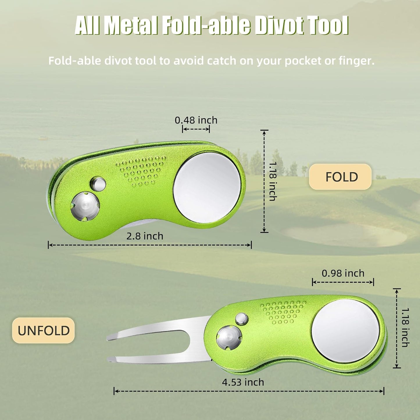 Mile High Life Golf Divot Repair Tool, All Metal Foldable Divot Tool with Pop-up Button & Magnetic Ball Marker