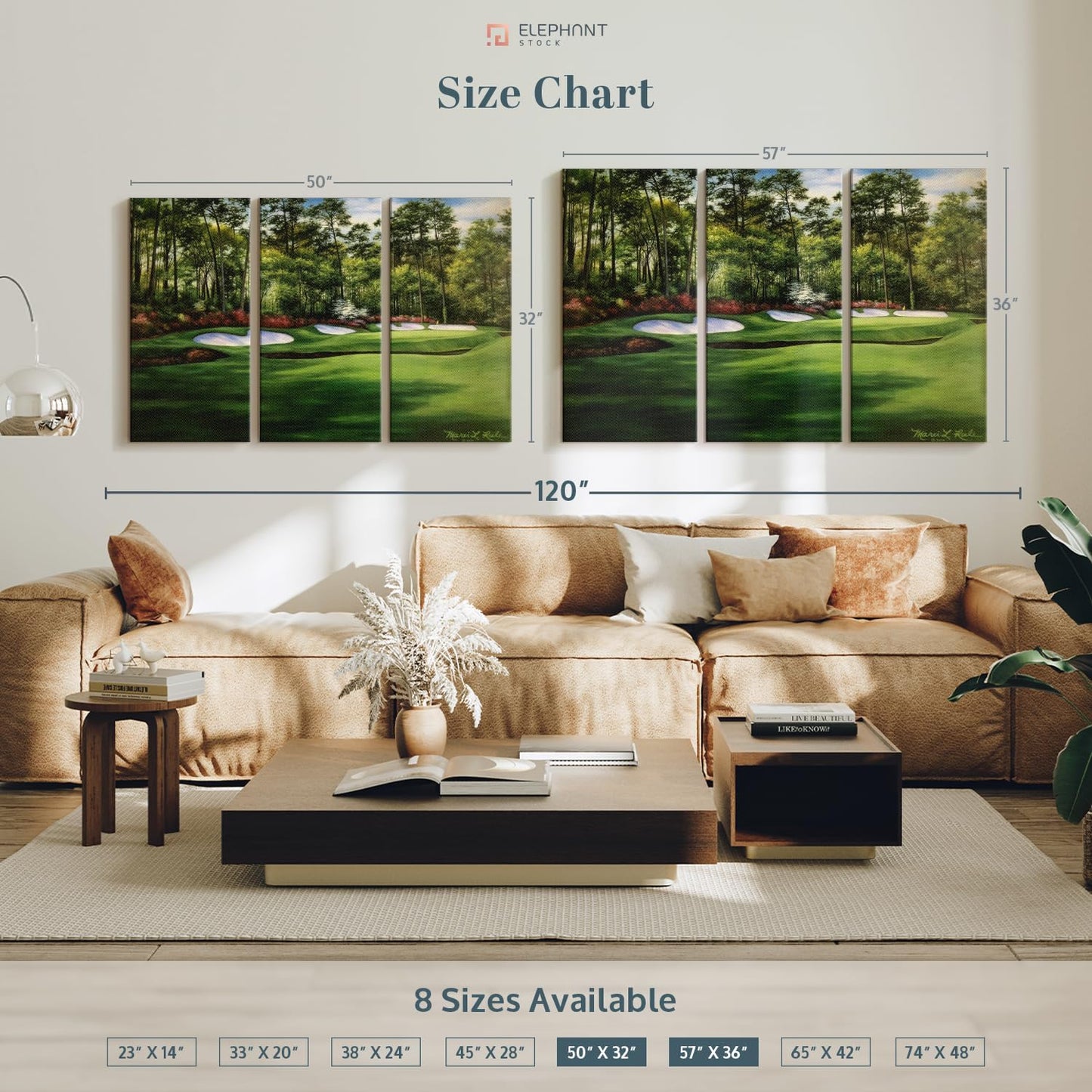 ElephantStock Augusta National 13th Hole I Wall Art - Horizontal Canvas - 3-Piece Living Room Wall Decor - Painting Sports Canvas Print - Green and Red Decor for Wall by Marci Rule - 57" X 36"