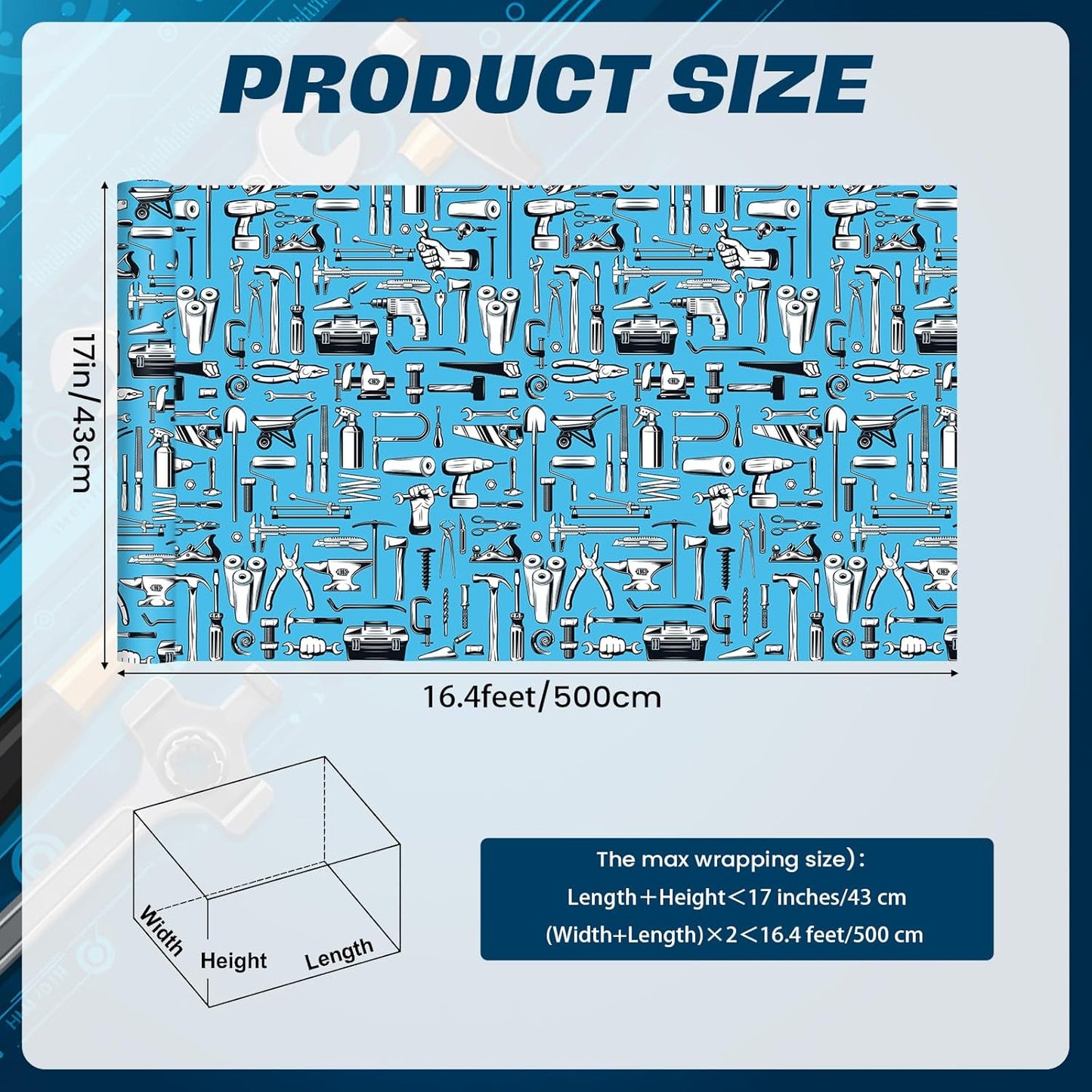 Tools Wrapping Paper Roll - Blue Handyman Wrench Gift Wrap,Toolbox Parties,Retirements,Workshops,17Inch x16.4Feet