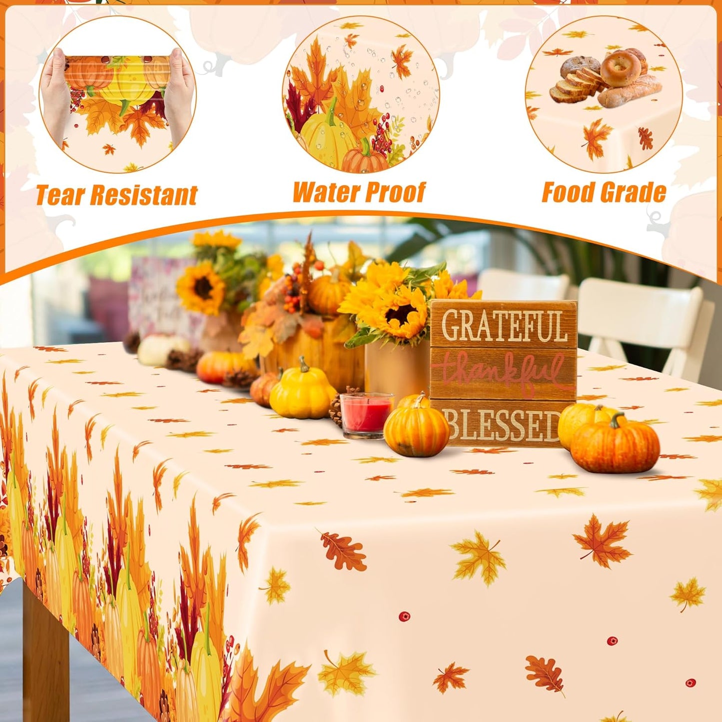 QZYL 2 Pack Thanksgiving Tablecloths, 54" x 108" Friendsgiving Plastic Tablecloth, Rectangle Disposable Tablecover Pumpkin Tablecloth, Thanksgiving Decorations Fall Table Decor Party Supplies