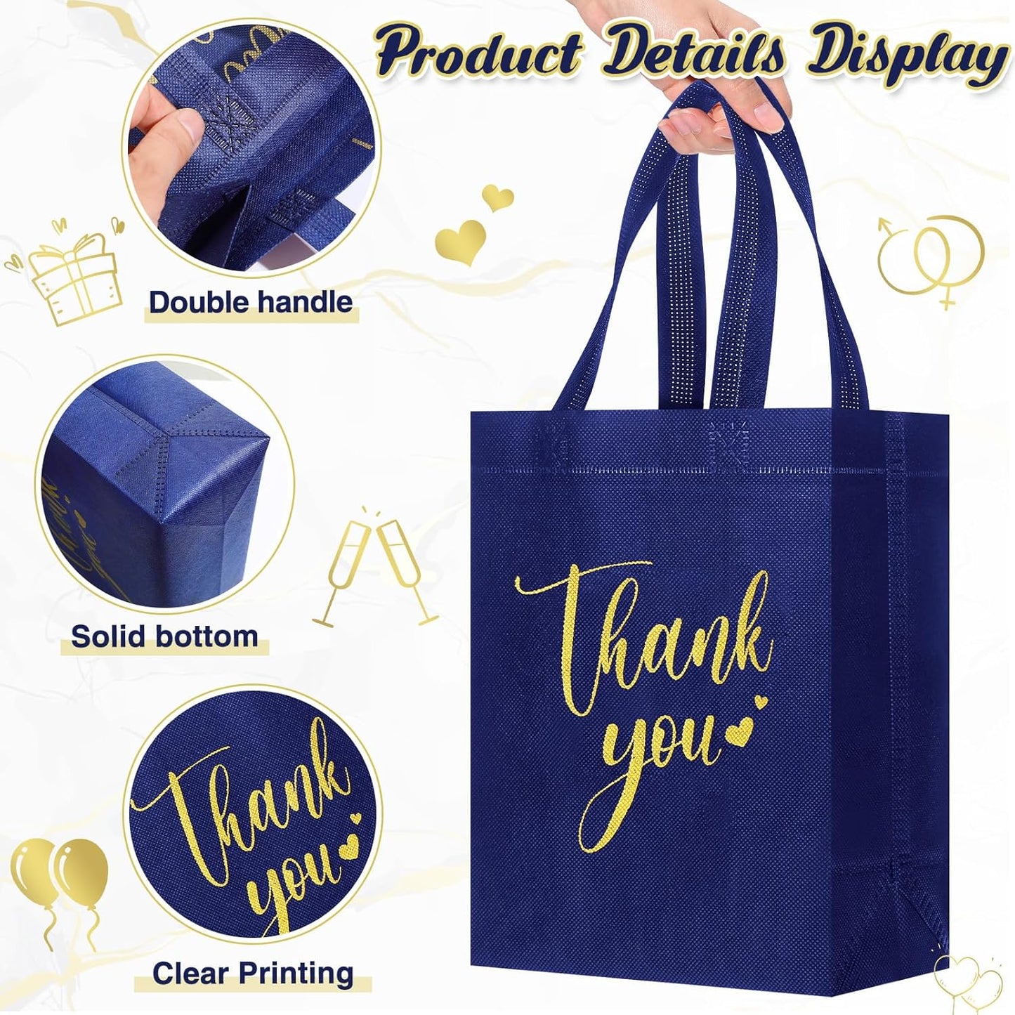 Sweetude 30 Pcs Thank You Gift Bags with Handles Bulk Reusable Goodie Bag Non Woven Foldable Handbag for Graduation Wedding Bridesmaid Gifts(10 x 8 x 4 Inch,Navy Blue)