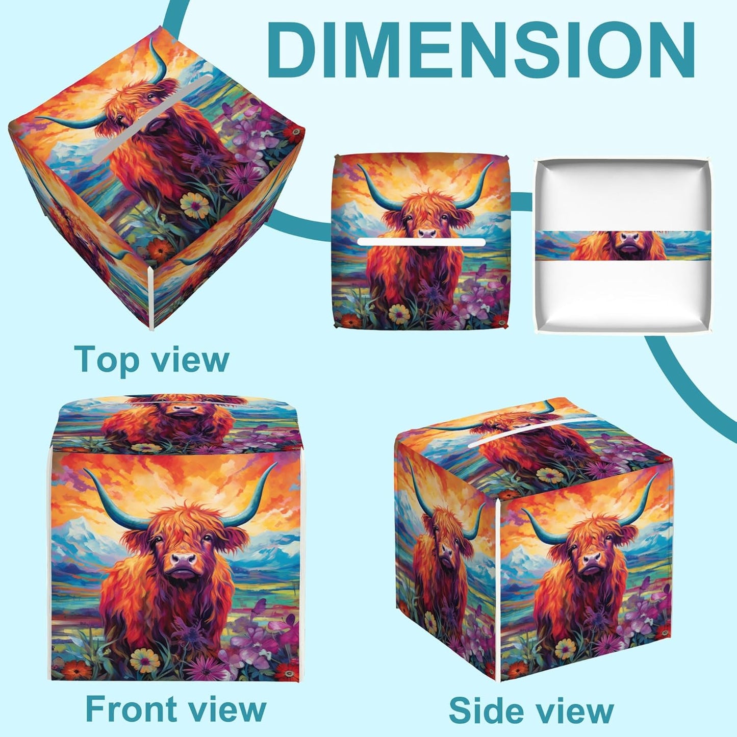 Watercolor Highland Cow Leather Tissue Holder,Mountain Flowers Square Tissue Box Cover,Modern Decorative Facial Tissue Paper Cover for Car Bedroom Nightstand Vanity Desk Office,5.2" x 5.2" x 5.2"