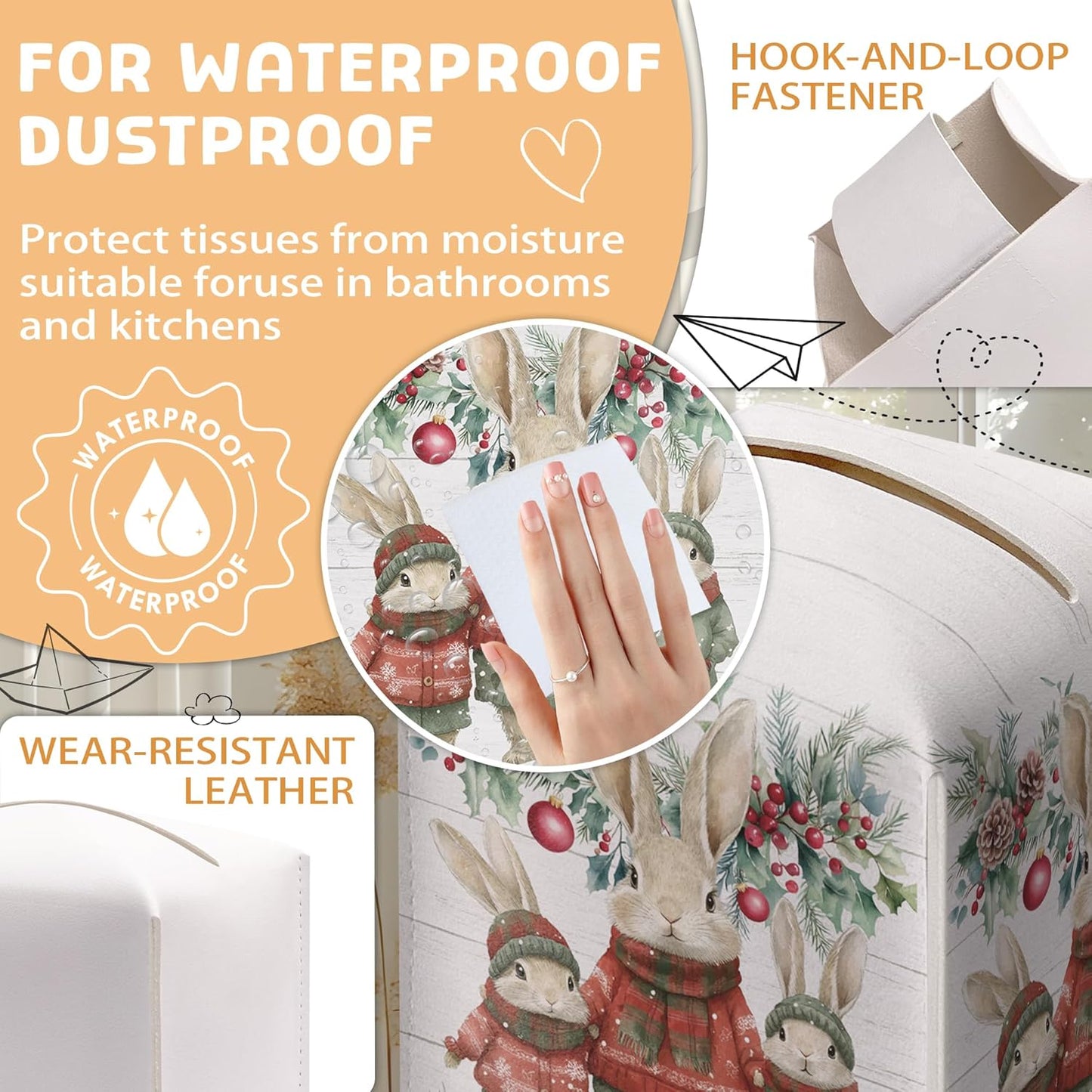 Christmas Tissue Box Holder, Christmas Bunny Leather Tissue Box Cover Square with Bottom Belt, Paper Facial Decorative Tissues Cover for Night Stands Bathroom Office Home Decor-B15