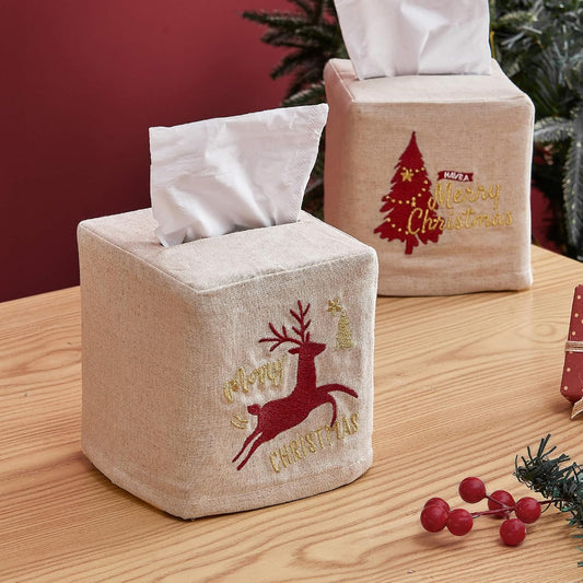 Christmas Linen Tissue Box Cover - Square Embroidered Gifts Boho Cube Holder for Bathroom Rectangle Cover Set Merry Xmas