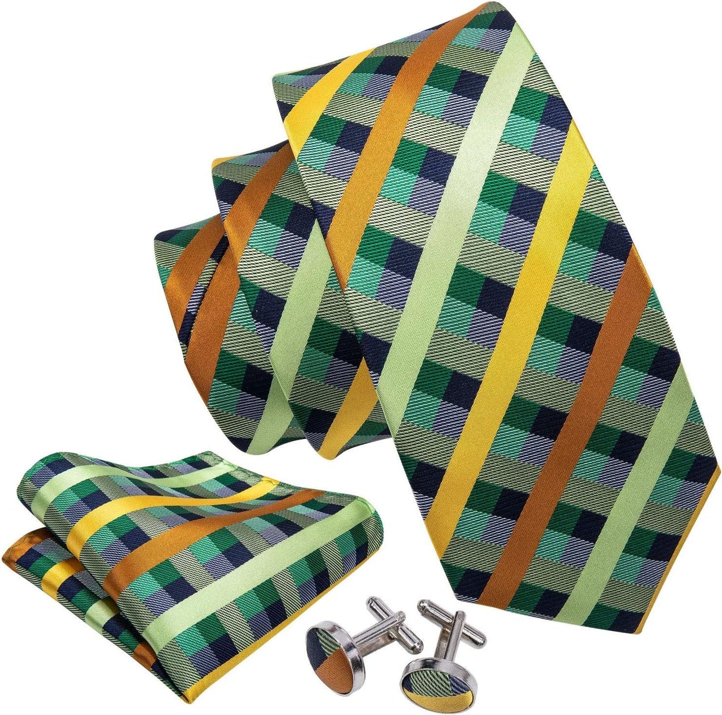 Barry.Wang Designer Classic Ties for Men Set Formal Pocket Square Cufflink Check Plaid