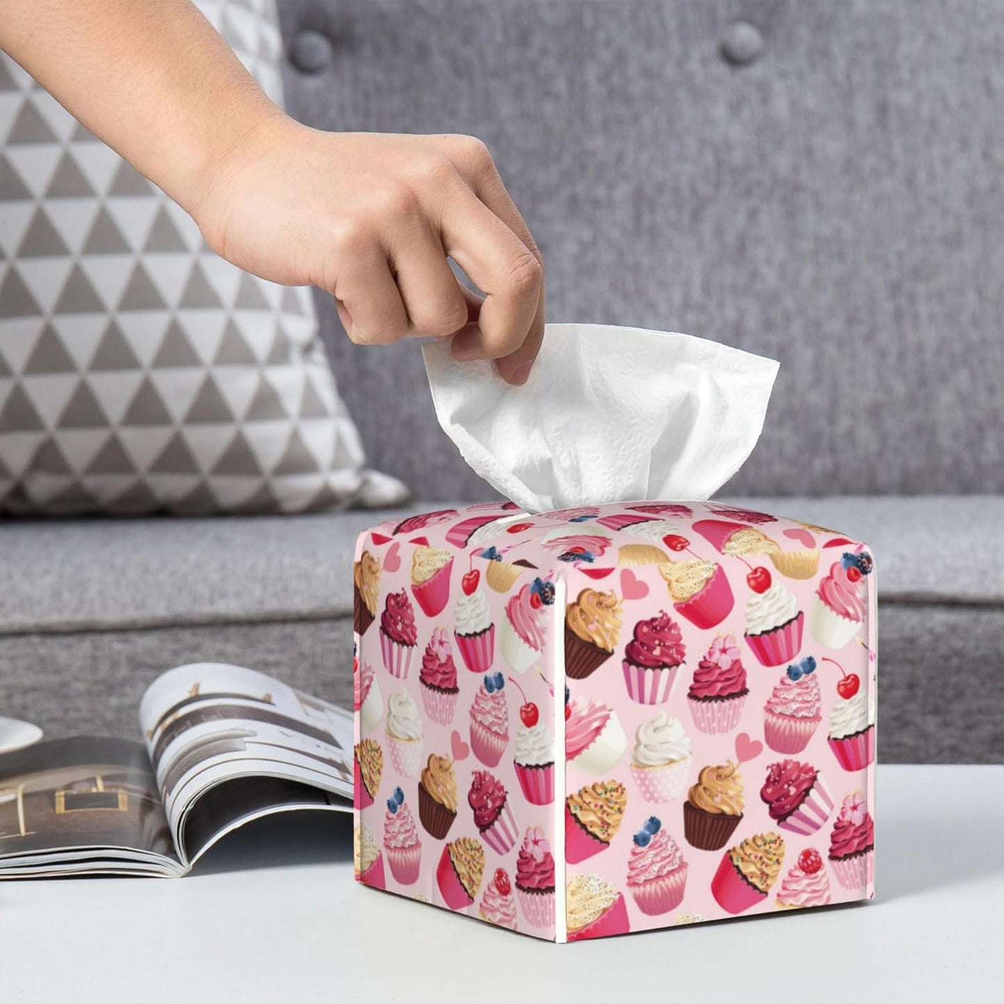 Tissue Box Holder Delicious Cupcakes Tissue Box Cover Square Leather Tissue Holder Organizer Portable Decorative Facial Paper Case for Home Office Bathroom Vanity Countertop